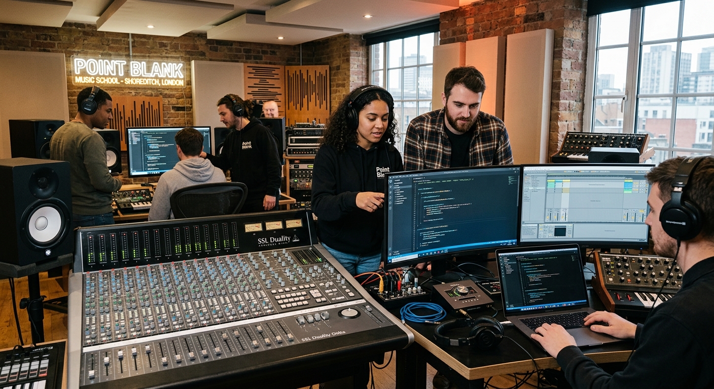 Modern music production studio at Point Blank Music School in Shoreditch London, featuring SSL mixing console, computer workstations with Ableton Live, audio interface equipment, and students collaborating on software engineering projects with code on screens