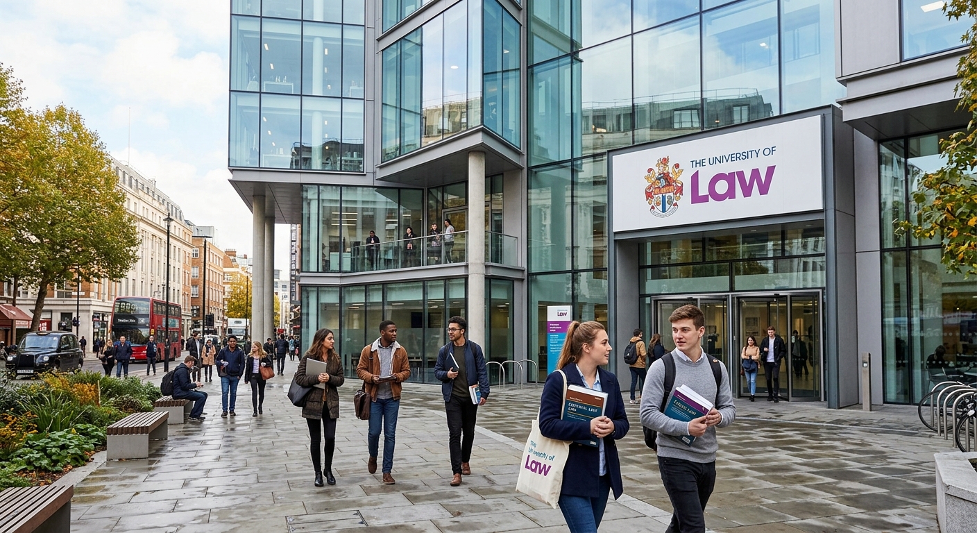 Modern University of Law campus building exterior with glass facade, students walking with law textbooks, professional urban setting in the United Kingdom, bright daylight