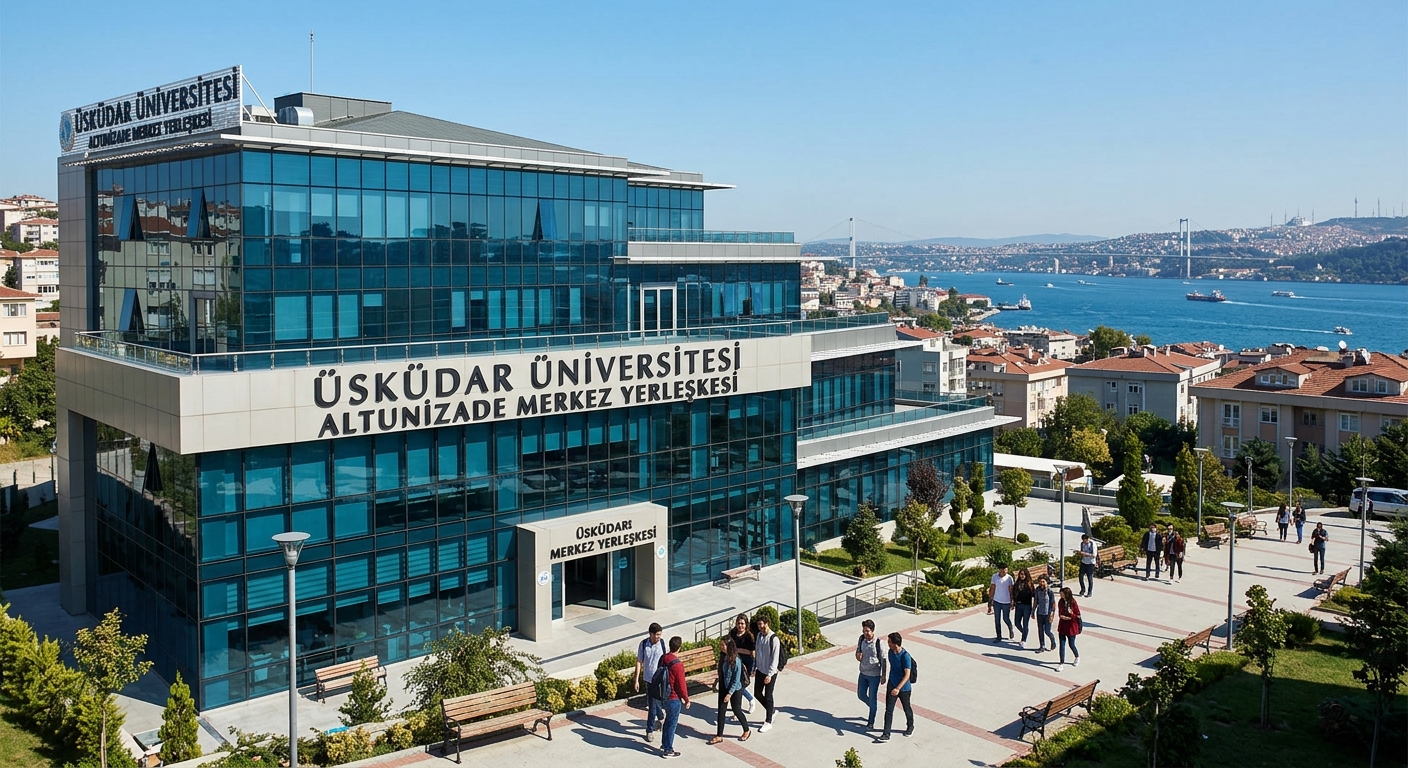 Üsküdar University Altunizade main campus building in Üsküdar district, Istanbul, modern architecture with glass facade, Bosphorus views in the background, students walking on campus pathways, clear blue sky