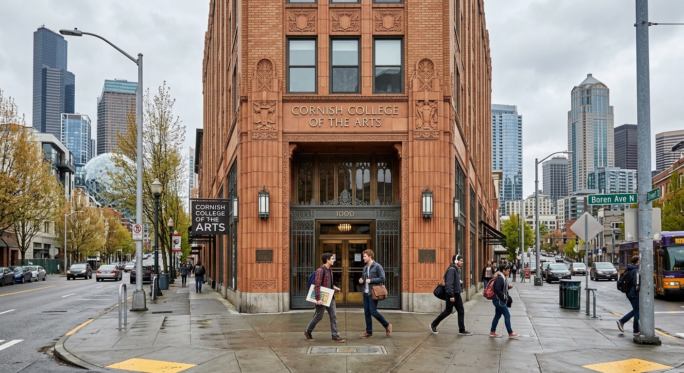 Cornish College of the Arts main campus building in the Denny Triangle neighborhood of Seattle, modern urban campus with art deco architecture, students walking near the entrance, Pacific Northwest overcast sky, city skyline visible in background