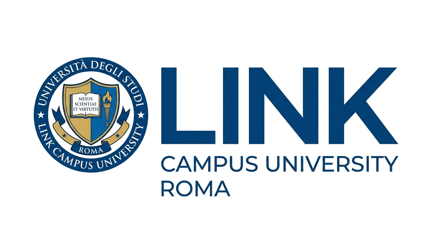 Link Campus University official logo, stylized LINK text in blue with university crest, clean modern design on white background
