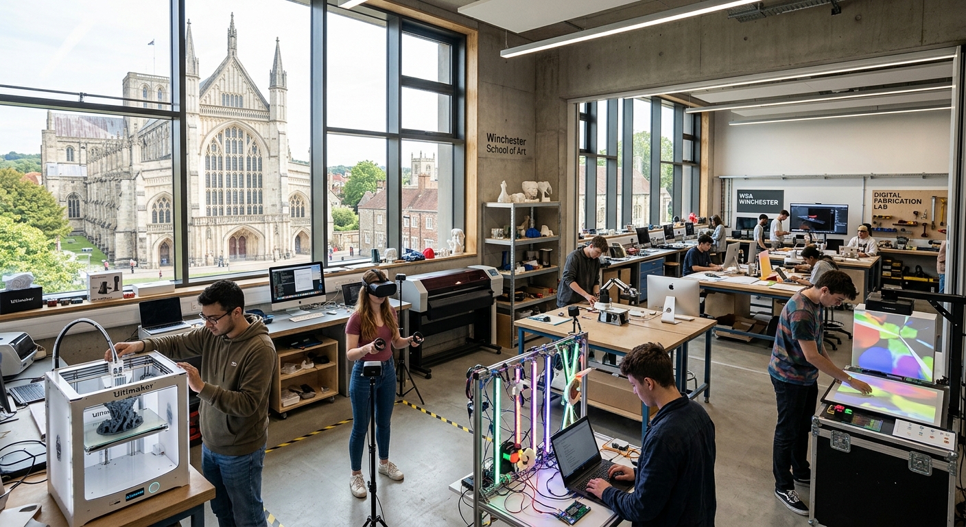 Winchester School of Art creative studio space with students working on digital fabrication, VR headsets, and interactive installations, historic Winchester architecture visible through large windows, bright modern interior with 3D printers and robotics equipment
