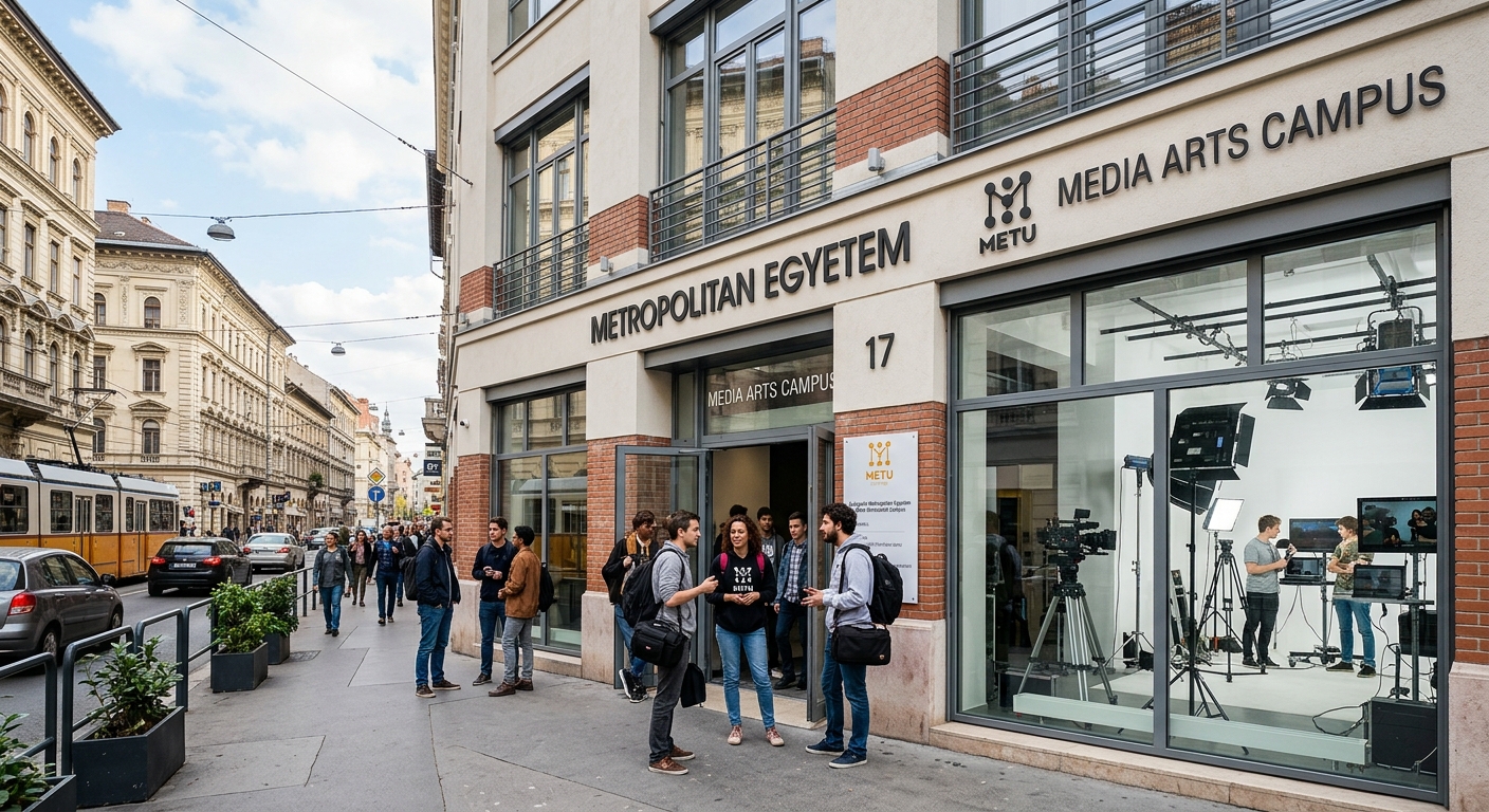 METU Rottenbiller Street campus exterior, renovated building for media arts, film equipment visible through windows, urban Budapest setting, students at entrance