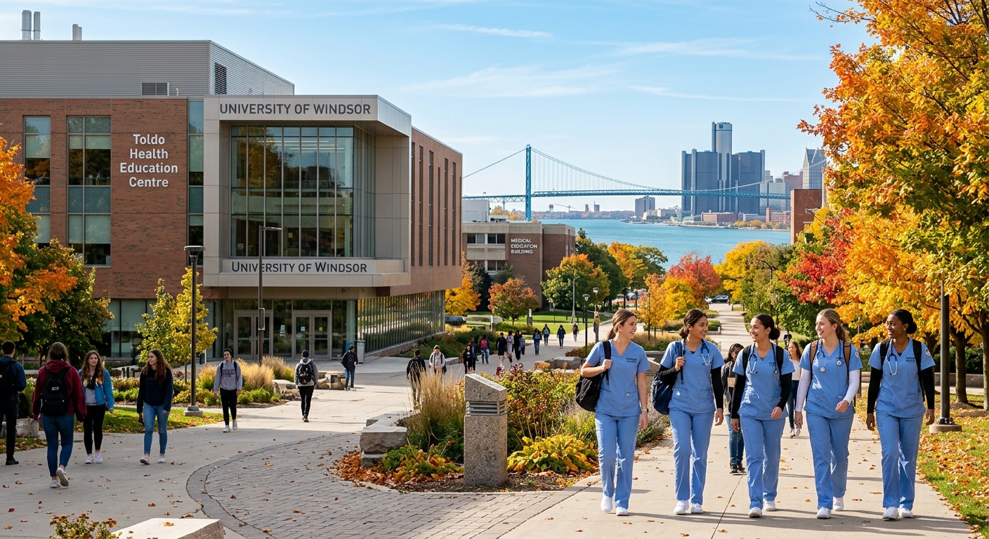 University of Windsor campus with modern Toldo Health Education Centre building, nursing students in clinical uniforms walking along tree-lined pathways, Detroit River visible in background, bright autumn day