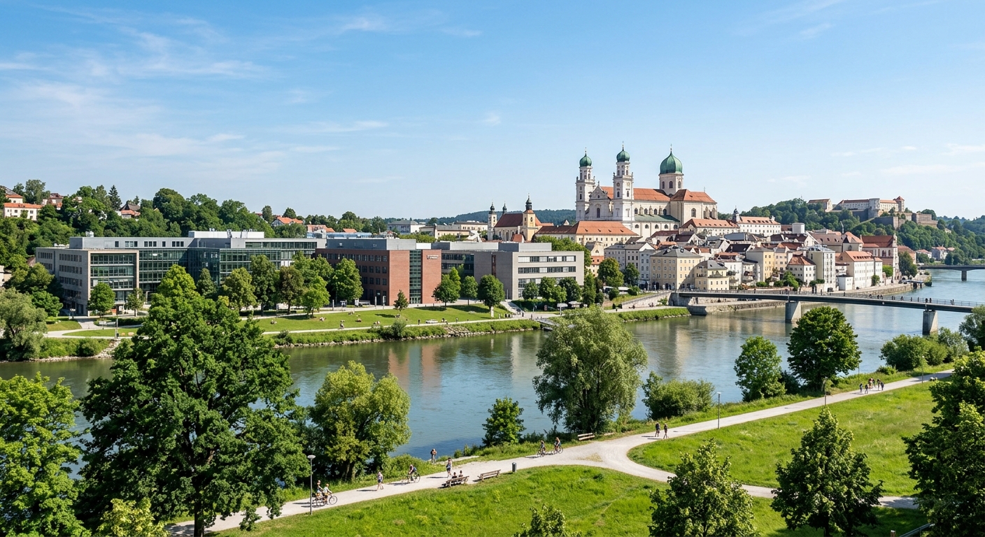 University of Passau modern campus buildings along the Inn river bank, green meadows and trees in foreground, historic Passau old town with baroque cathedral in background, clear blue sky