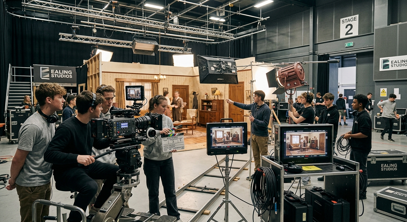 Professional film studio interior at Ealing Studios London, students operating cinema cameras and lighting rigs on a sound stage, monitors displaying footage, creative collaborative filmmaking environment
