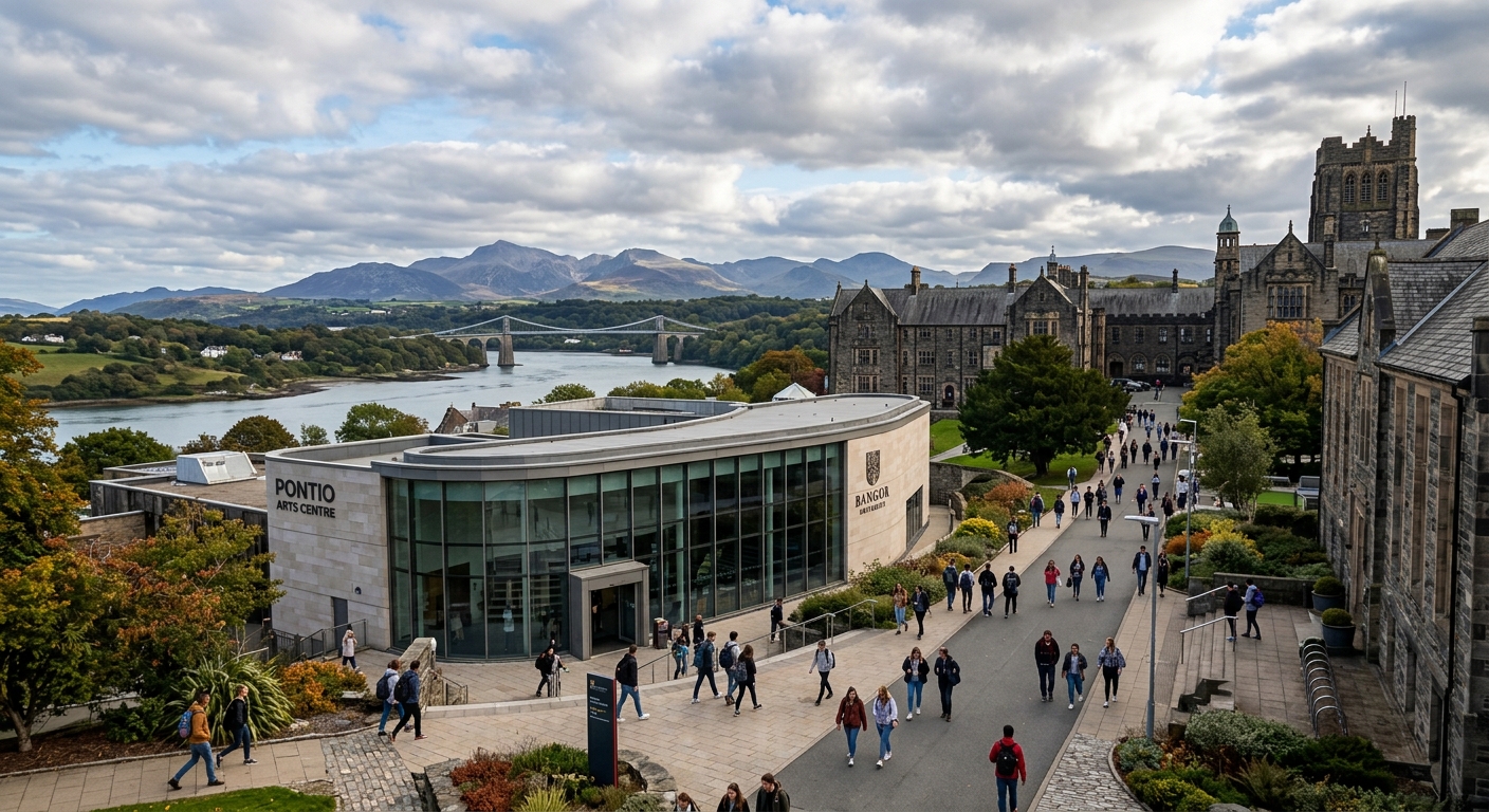 Bangor University campus with Pontio Arts Centre in the foreground, dramatic Snowdonia mountains and Menai Strait in the background, students walking between historic stone buildings under a partly cloudy Welsh sky