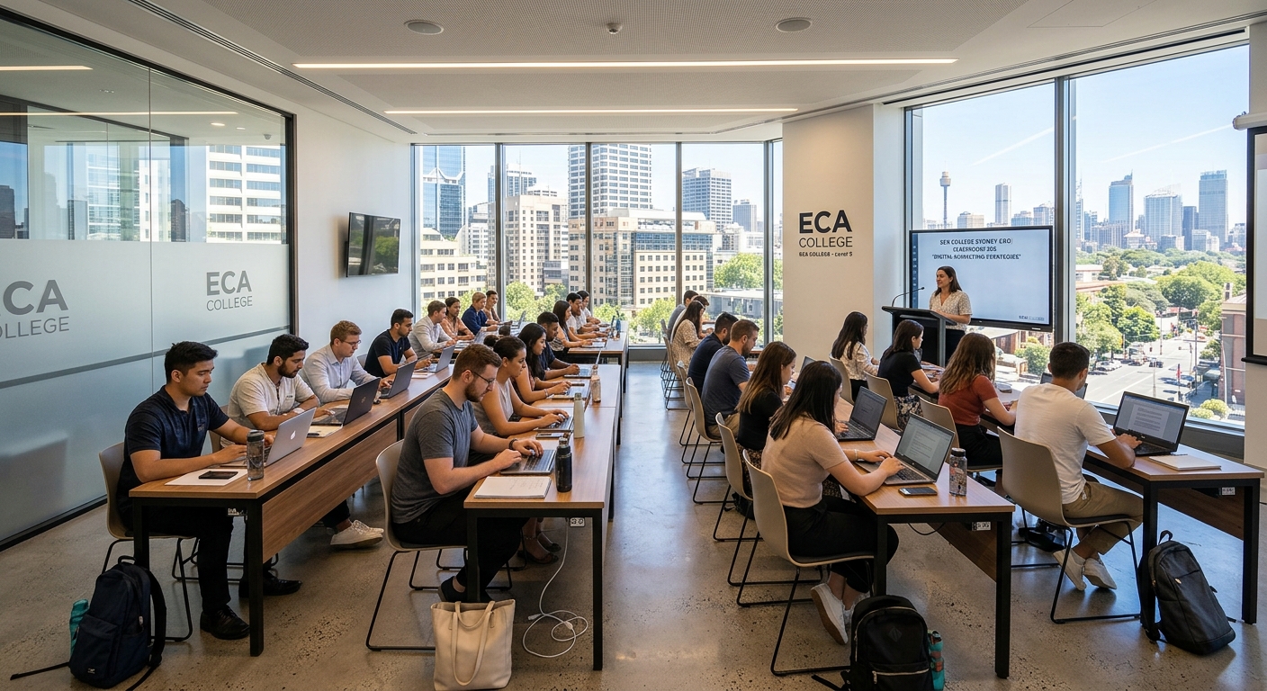 ECA College Sydney CBD campus interior, modern spacious classroom with rows of desks, natural light through large windows, students studying with laptops, professional learning environment