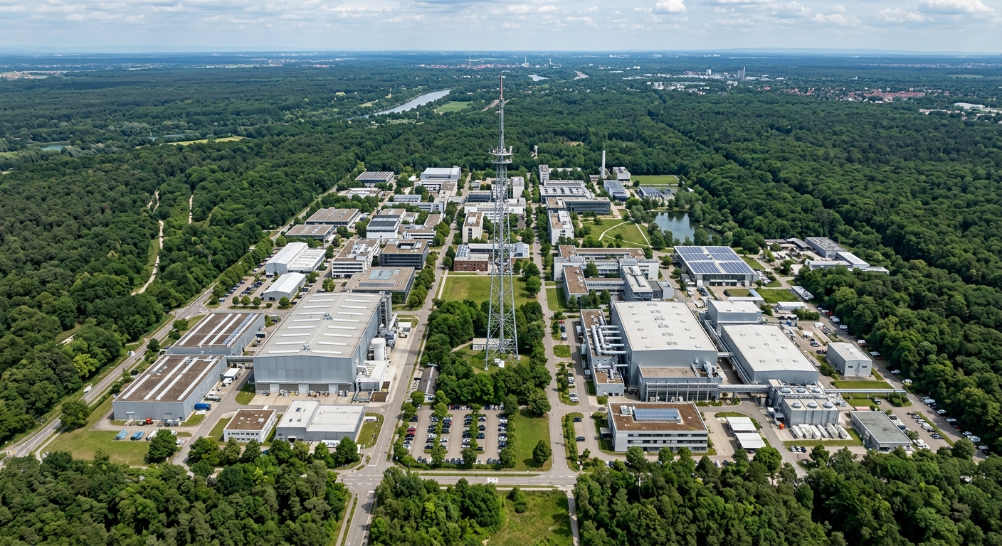 KIT Campus North aerial view showing large-scale research facilities, experimental halls, 200-meter meteorological tower, surrounded by forest near Karlsruhe