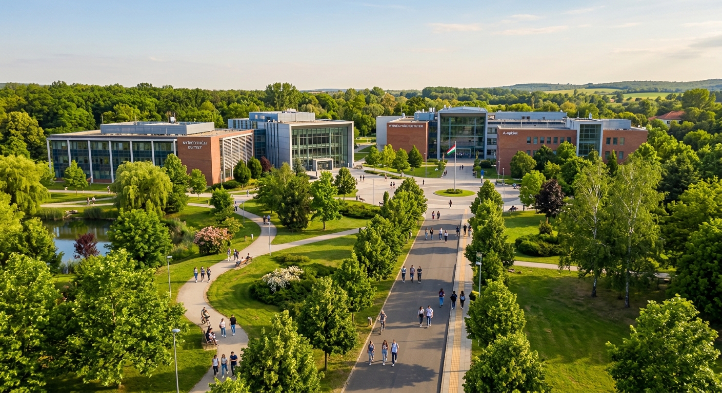 University of Nyíregyháza campus wide-shot showing modern academic buildings surrounded by lush green parkland, tree-lined walkways, and student pathways in northeastern Hungary, warm daylight