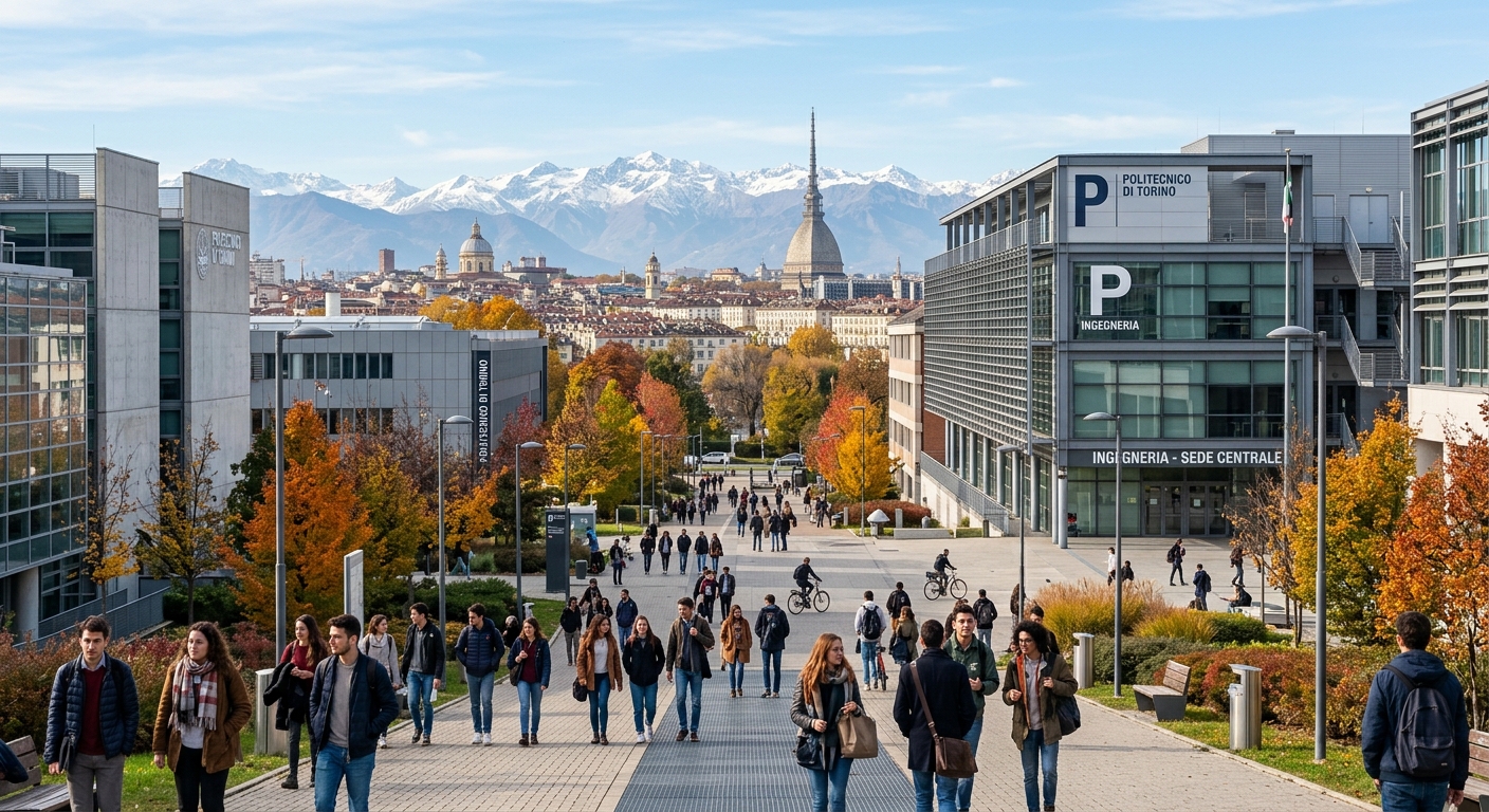 Modern engineering campus of Politecnico di Torino with students walking between contemporary academic buildings, Turin cityscape with Alps in the background, bright autumn day