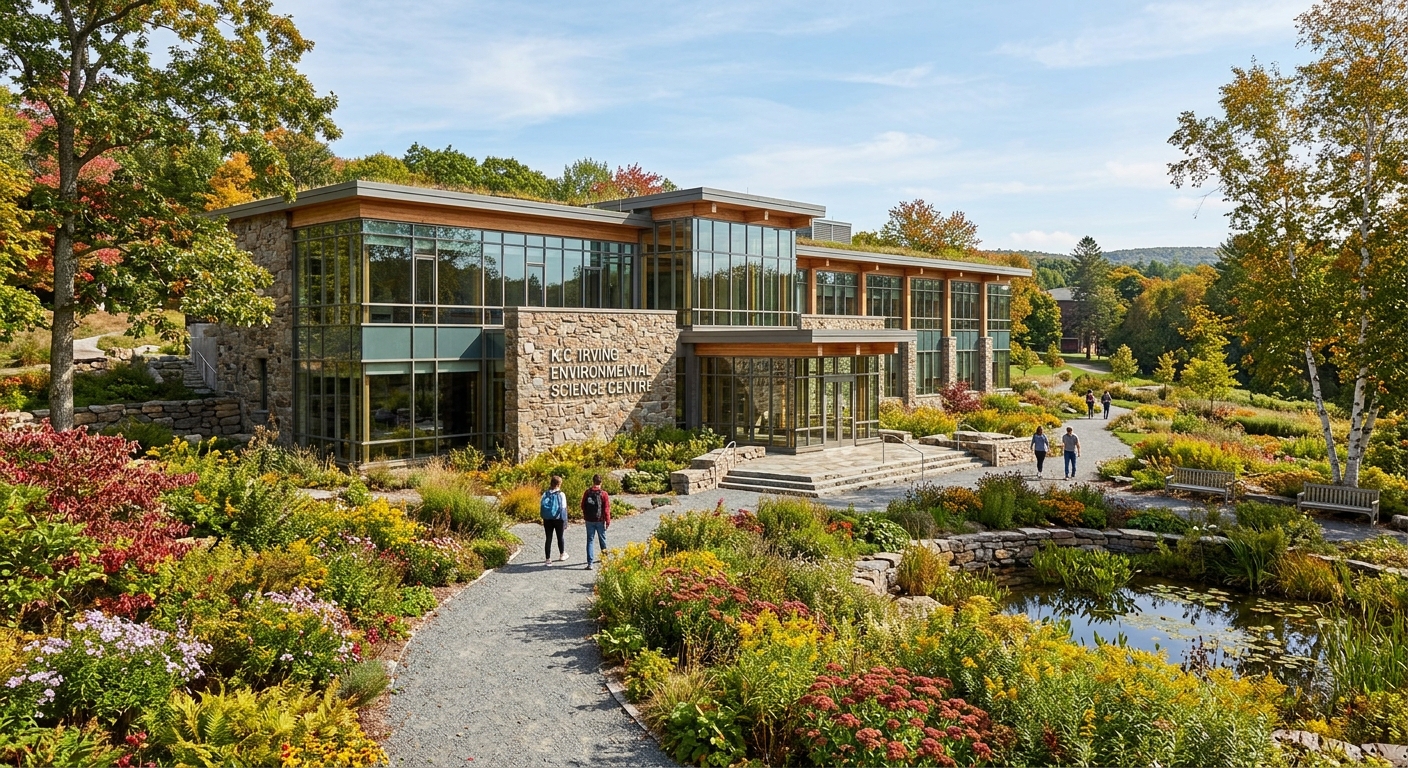 K.C. Irving Environmental Science Centre at Acadia University, modern glass and stone building adjacent to the Harriet Irving Botanical Gardens with native plants