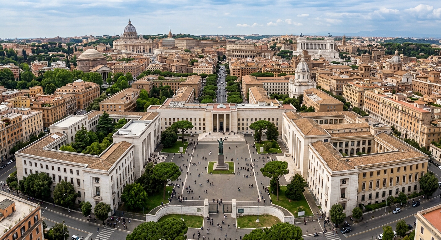 Aerial view of Sapienza University of Rome main campus Città Universitaria with neoclassical architecture, green courtyards, and the iconic Minerva statue, set against the backdrop of Rome's historic skyline