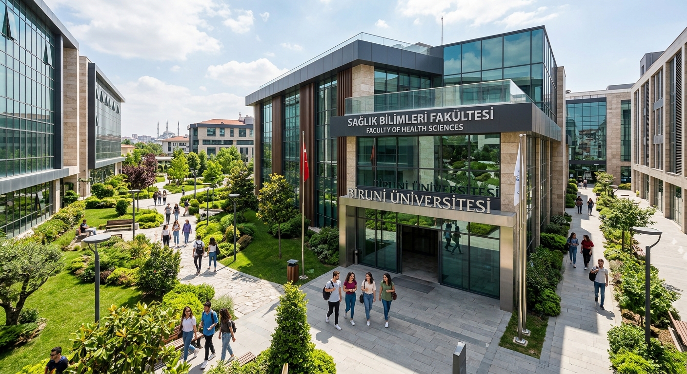 Modern Biruni University campus building in Istanbul with students walking through green courtyard, Faculty of Health Sciences entrance visible, contemporary Turkish architecture with glass facades and landscaped gardens