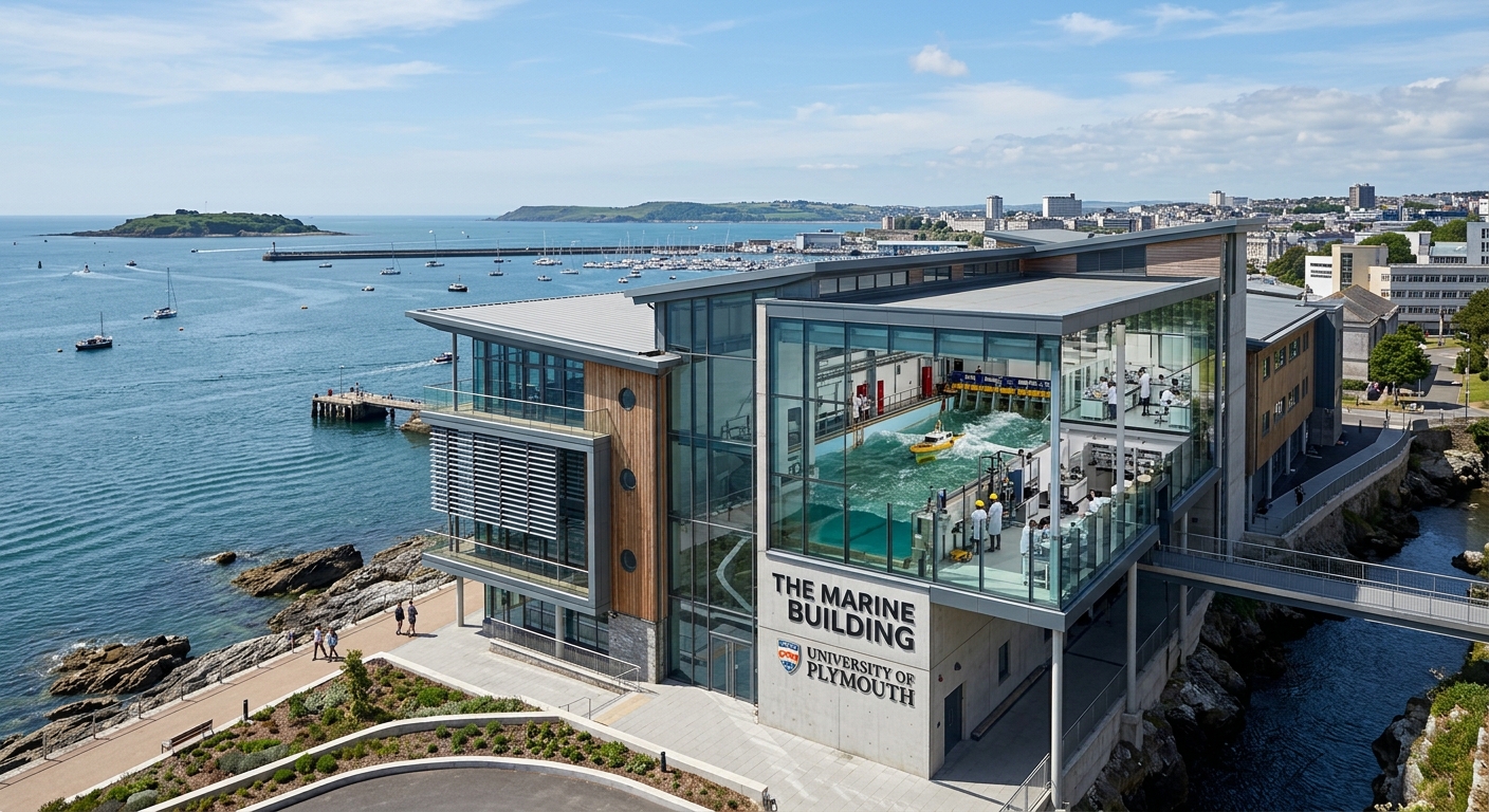 The Marine Building at the University of Plymouth featuring wave tanks and research laboratories, with modern architectural design and coastal views