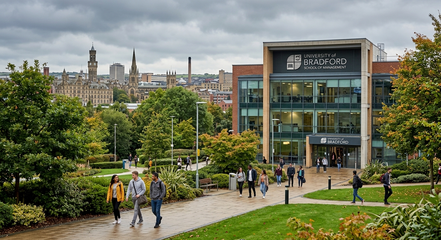 University of Bradford School of Management building exterior with modern glass facade, students walking on campus pathway, green landscaped grounds, Bradford city skyline in background, overcast English sky