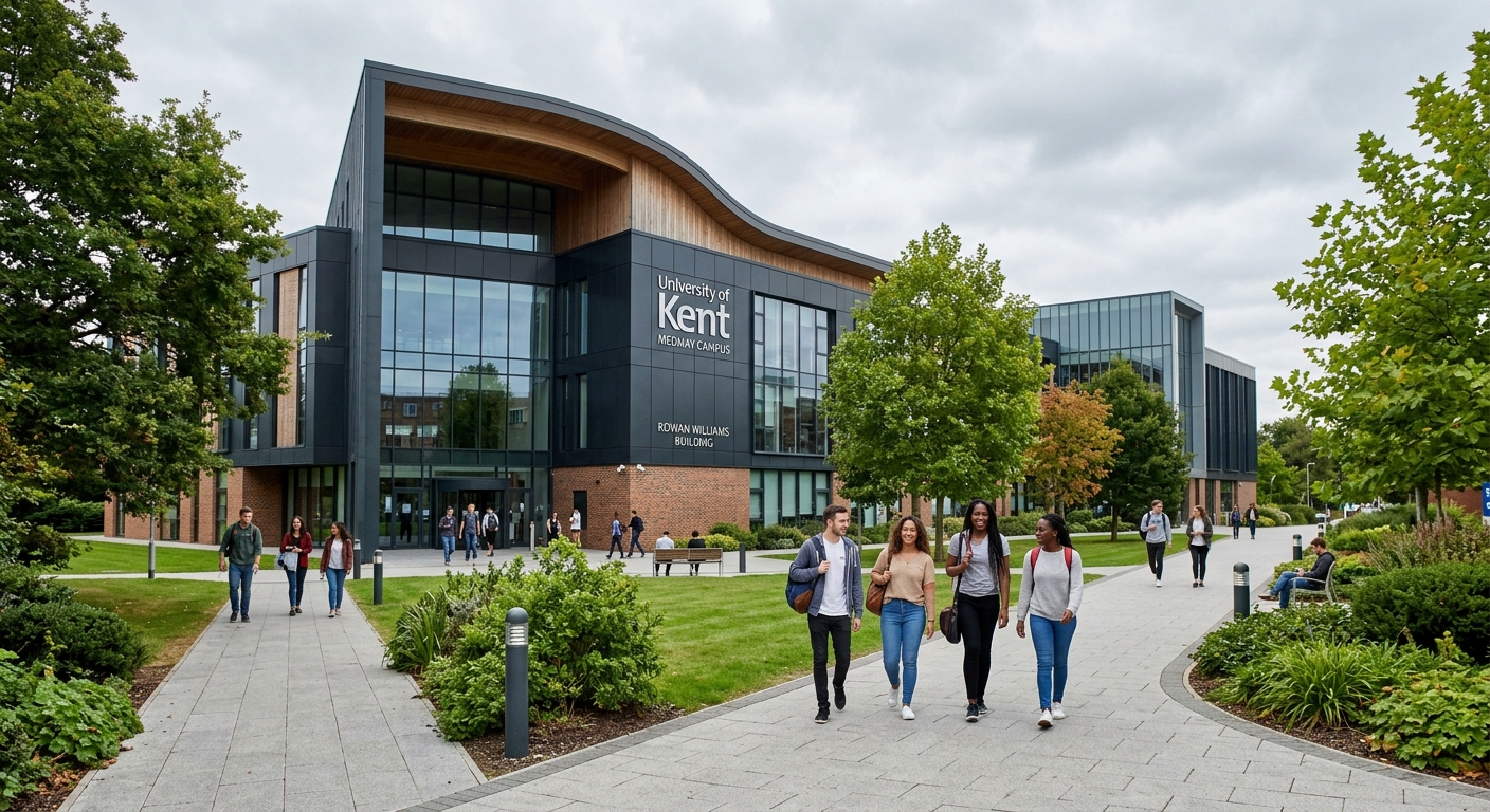 University of Kent Medway campus building exterior with modern architecture, green landscaped grounds, students walking along pathways, overcast British sky in the background