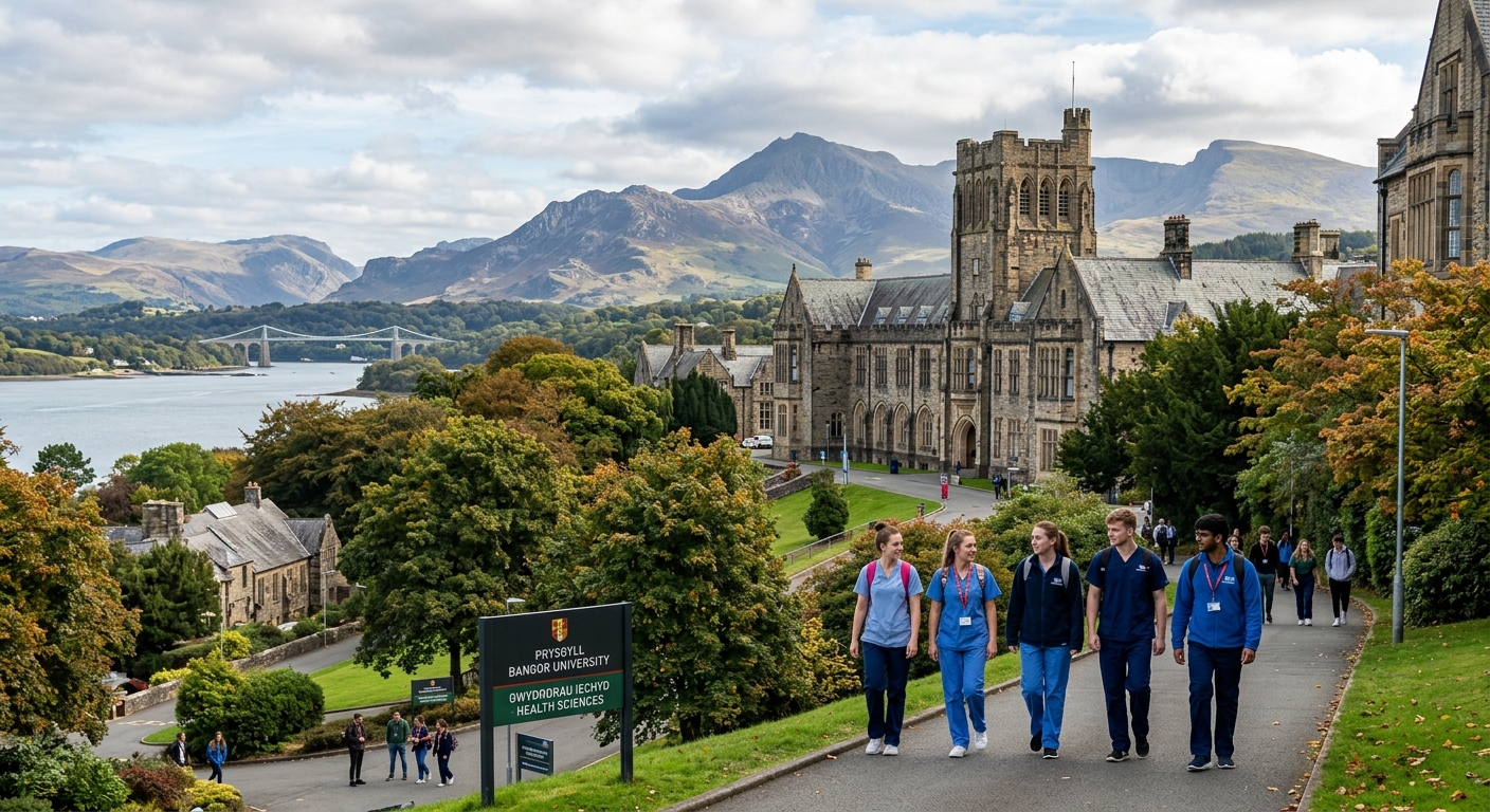 Bangor University campus in North Wales with historic stone buildings set between Snowdonia mountains and the Menai Strait, health sciences students walking along tree-lined paths, dramatic Welsh landscape in background
