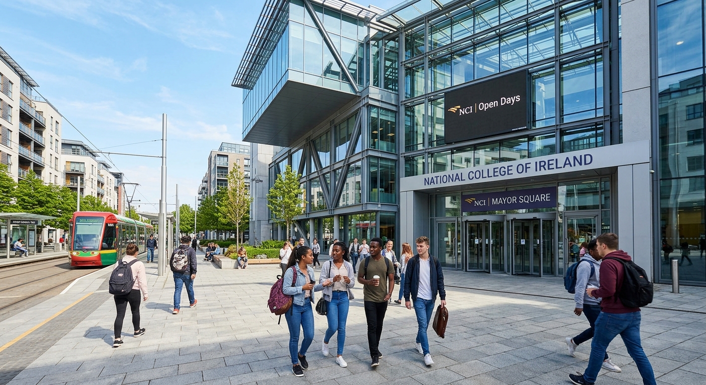 NCI main campus building at Mayor Square Dublin, modern glass and steel architecture, students walking through the entrance plaza, sunny day