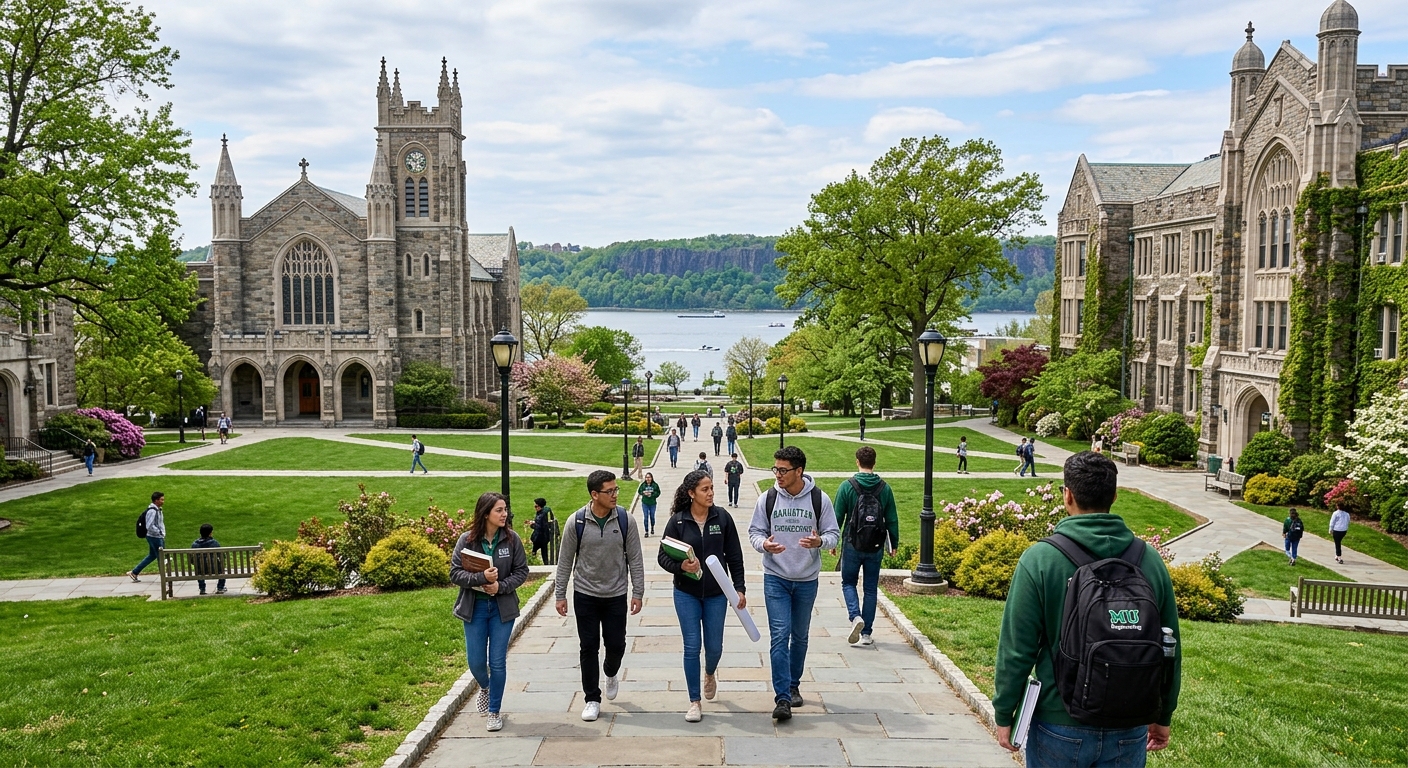 Manhattan University campus in Riverdale, Bronx, New York with Gothic-style buildings, green lawns, and the Hudson River visible in the background, engineering students walking between academic halls