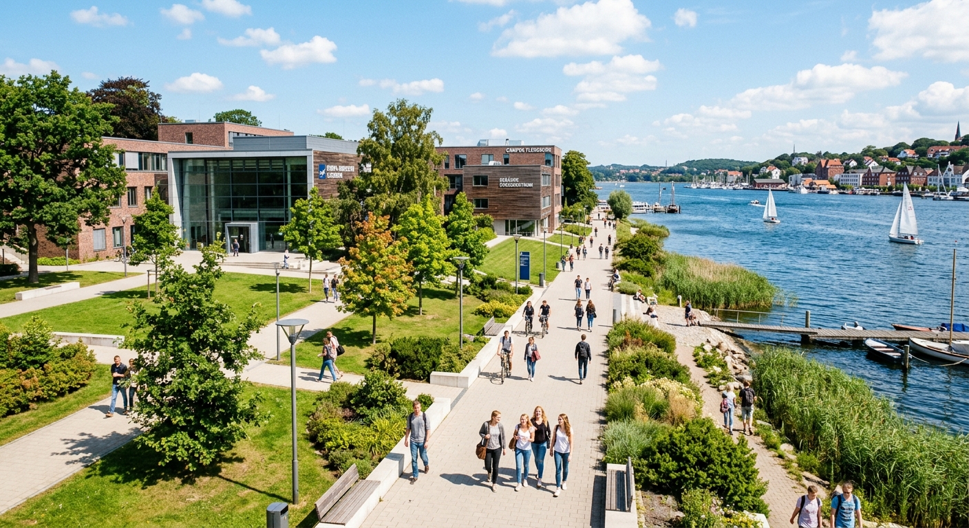 Europa-Universität Flensburg campus with modern academic buildings surrounded by green lawns, students walking on pathways near the Flensburg fjord, bright northern German daylight with a maritime atmosphere