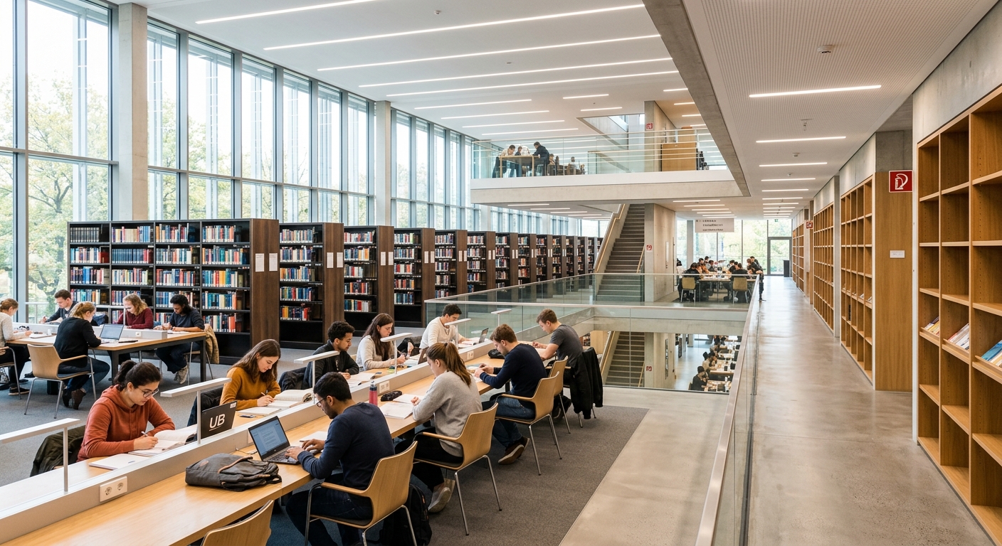 Bielefeld University library interior, rows of bookshelves, modern study areas with students reading, bright lighting and open plan design