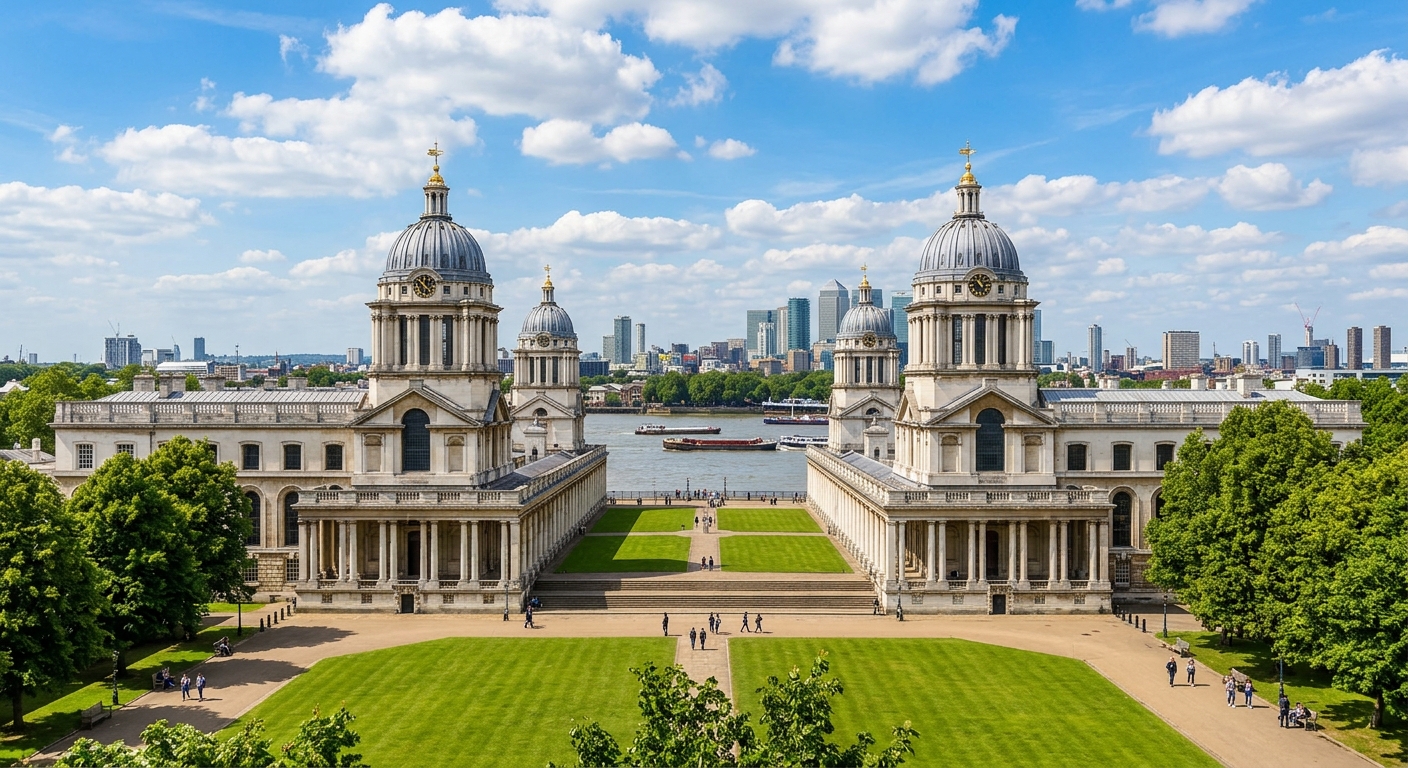 University of Greenwich main campus at the Old Royal Naval College, baroque buildings designed by Sir Christopher Wren on the banks of the River Thames, green lawns, blue sky with scattered clouds, UNESCO World Heritage Site