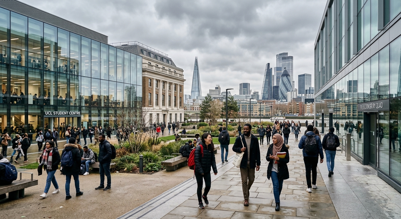 Modern university campus in London with glass-fronted buildings, diverse international students walking through courtyard, city skyline visible in background, overcast British sky
