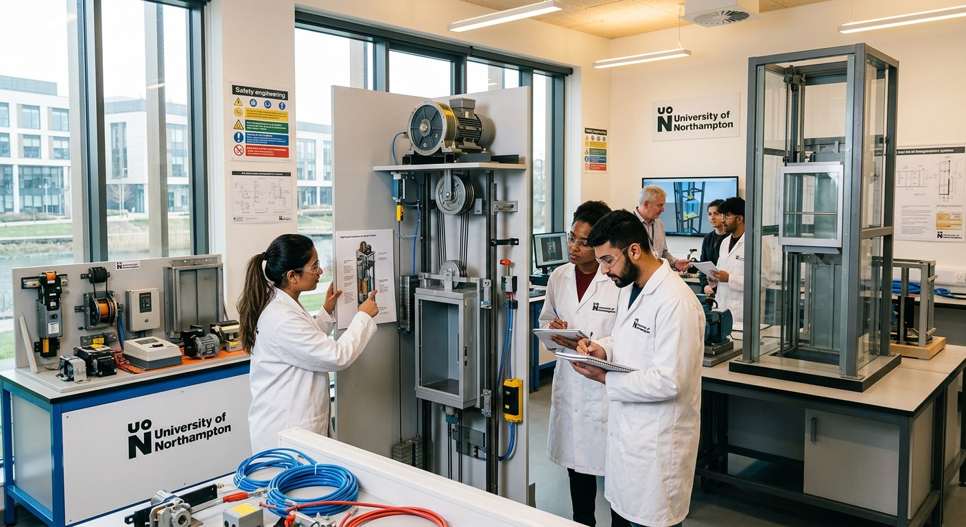 Modern university engineering laboratory with lift mechanism models, vertical transportation system components, and students examining elevator shaft cross-sections at University of Northampton Waterside Campus