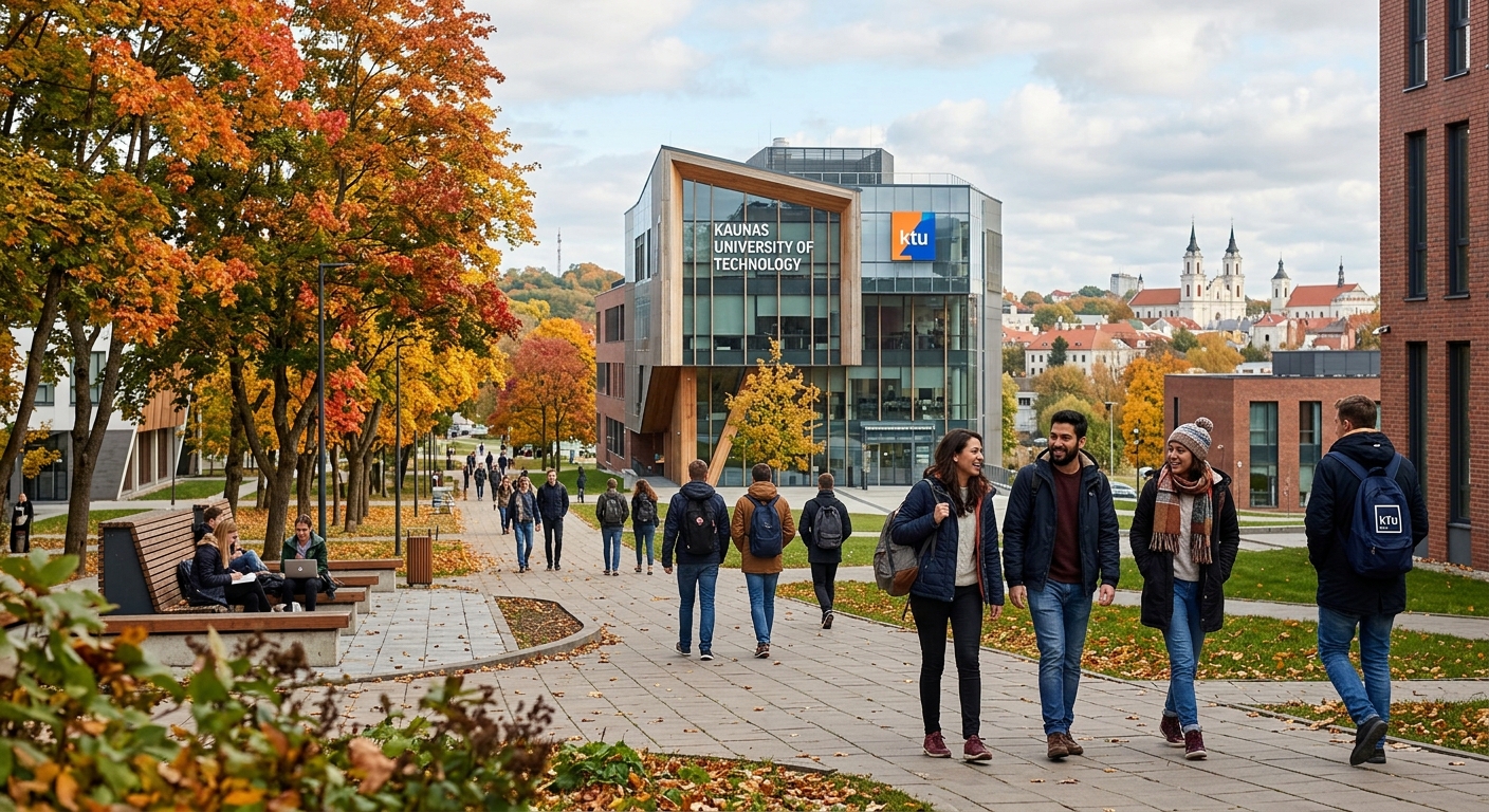 Modern university campus building at Kaunas University of Technology with international students walking along tree-lined pathways, contemporary architecture, autumn foliage, Lithuanian city skyline in background