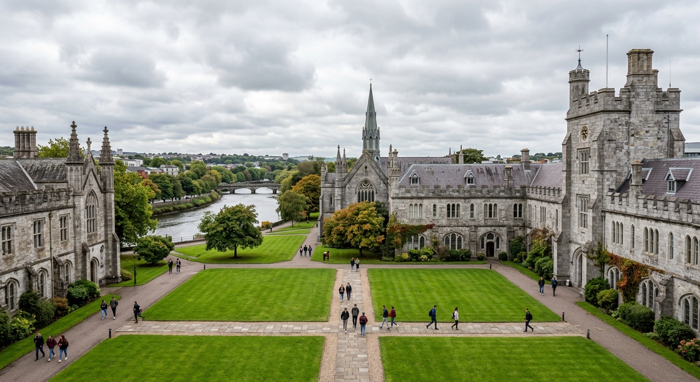 University College Cork main quadrangle with Tudor Gothic limestone buildings, green lawns, and the River Lee in the background, overcast Irish sky with soft light