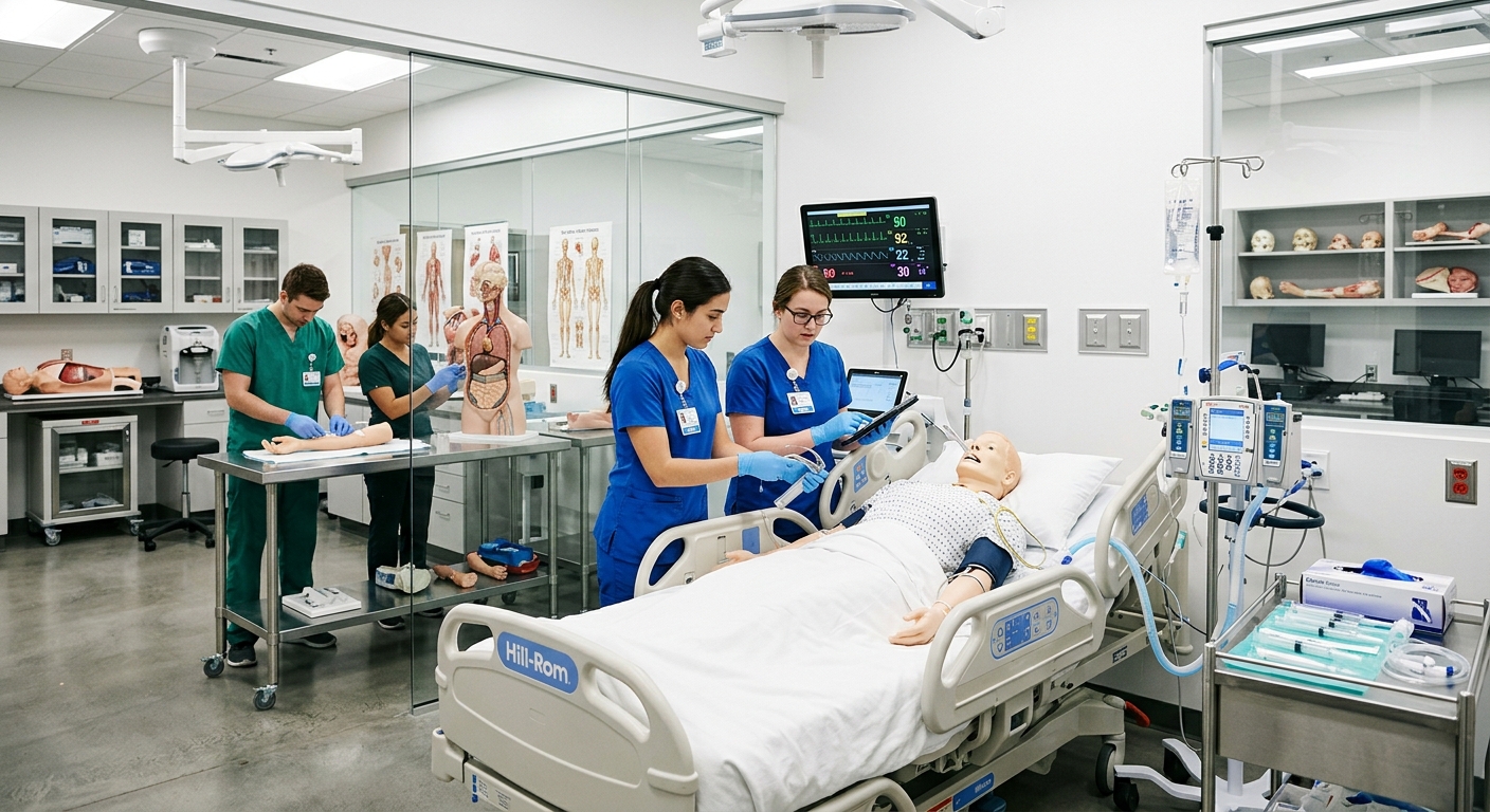 Medical simulation laboratory with anatomical models, clinical training equipment, white modern interior, students practicing procedures