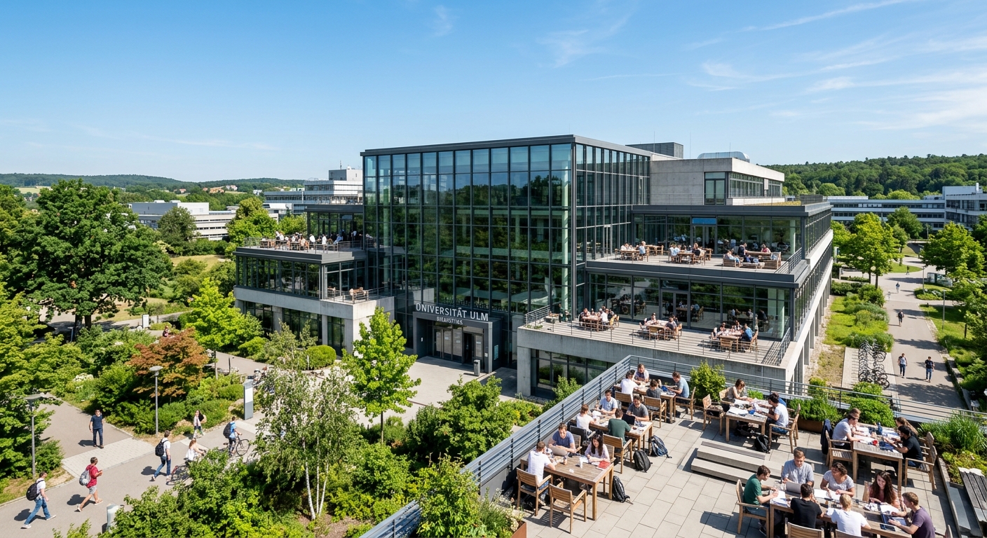 Modern university library building at University of Ulm with large glass facades, students studying on outdoor terraces, green campus surroundings, clear sky
