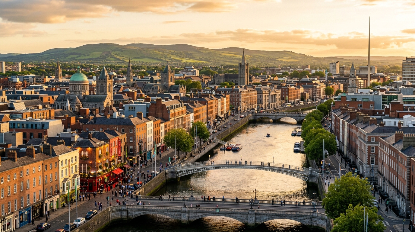Dublin city panoramic view, River Liffey flowing through city centre, Ha'penny Bridge, Georgian architecture, Temple Bar area, green hills in distance, golden hour lighting