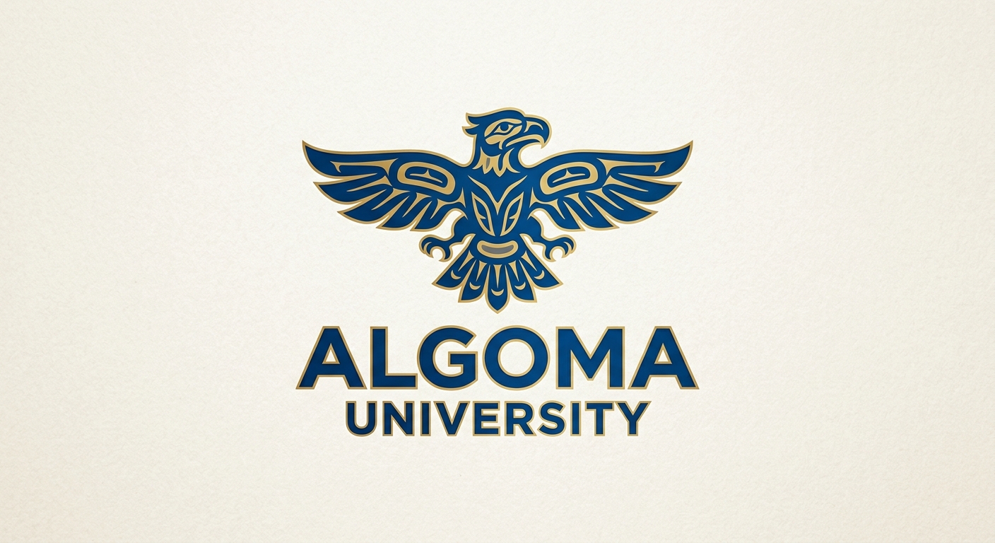 Algoma University official logo featuring the Thunderbird emblem with the university name in blue and gold