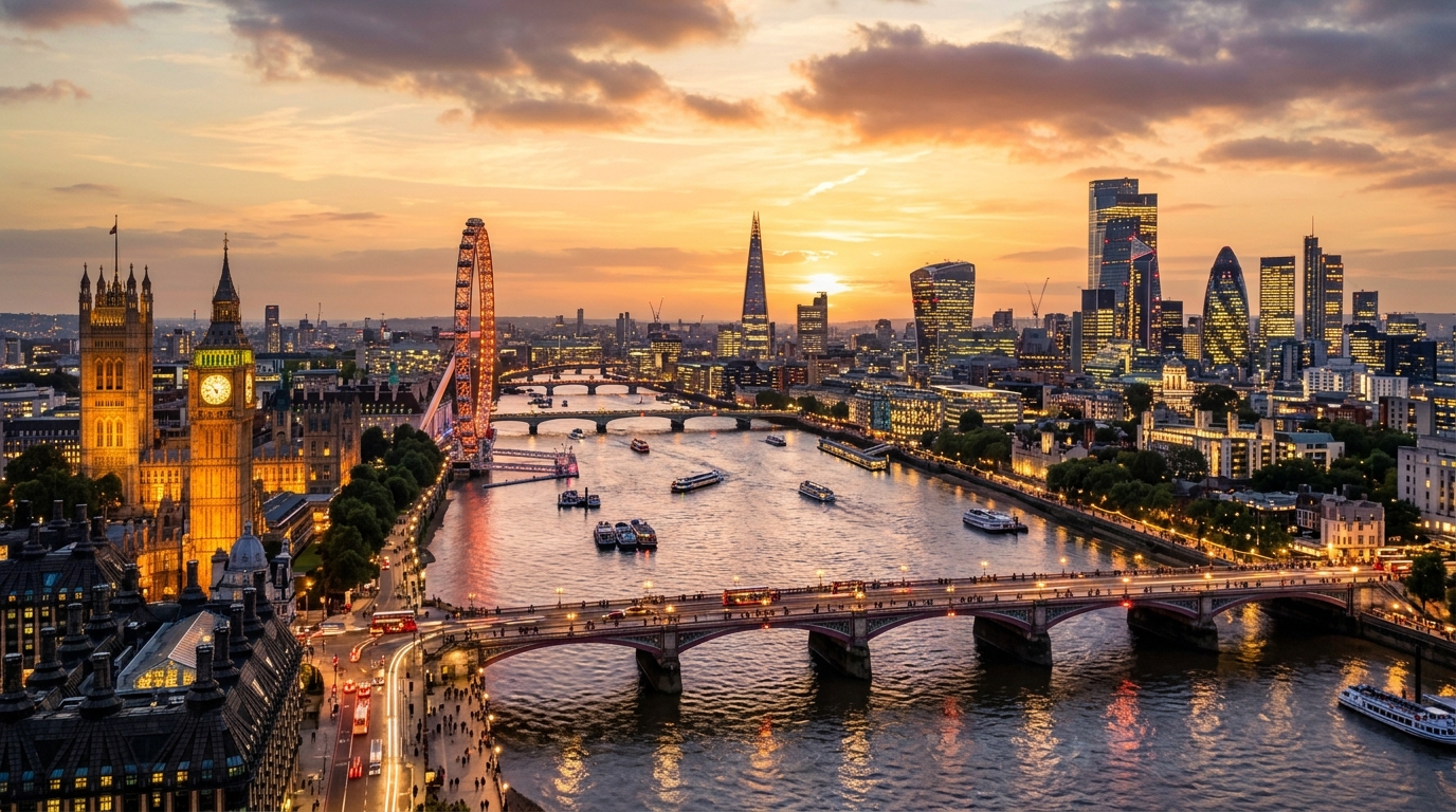 London skyline panorama featuring the Thames, Big Ben, London Eye, and the City of London financial district, sunset golden hour, vibrant urban atmosphere