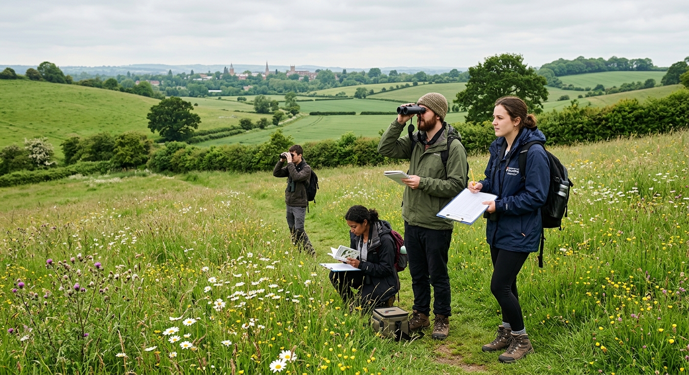 Students conducting ecological field surveys in lush green countryside near University of Reading, using binoculars and clipboards, with rolling English hills and wildflower meadows in the background under soft overcast sky