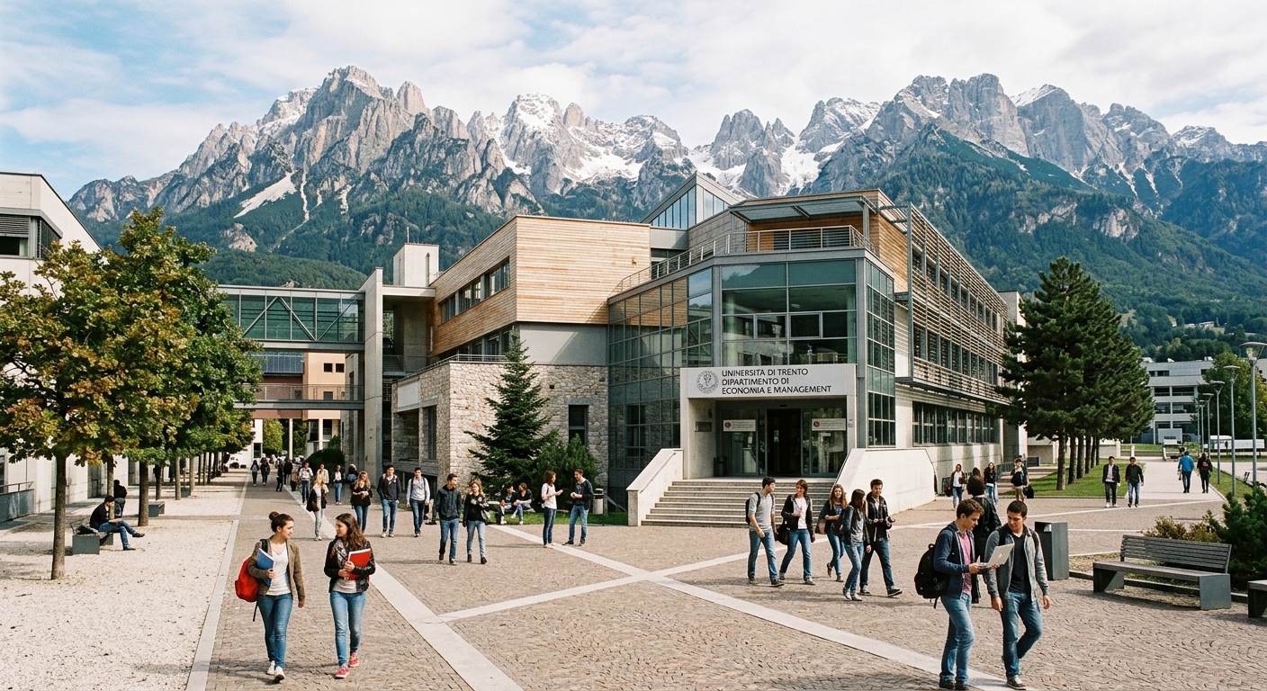 University of Trento Department of Economics and Management building with Dolomite mountain backdrop, modern Italian campus architecture, students walking through courtyard in Trento, Italy