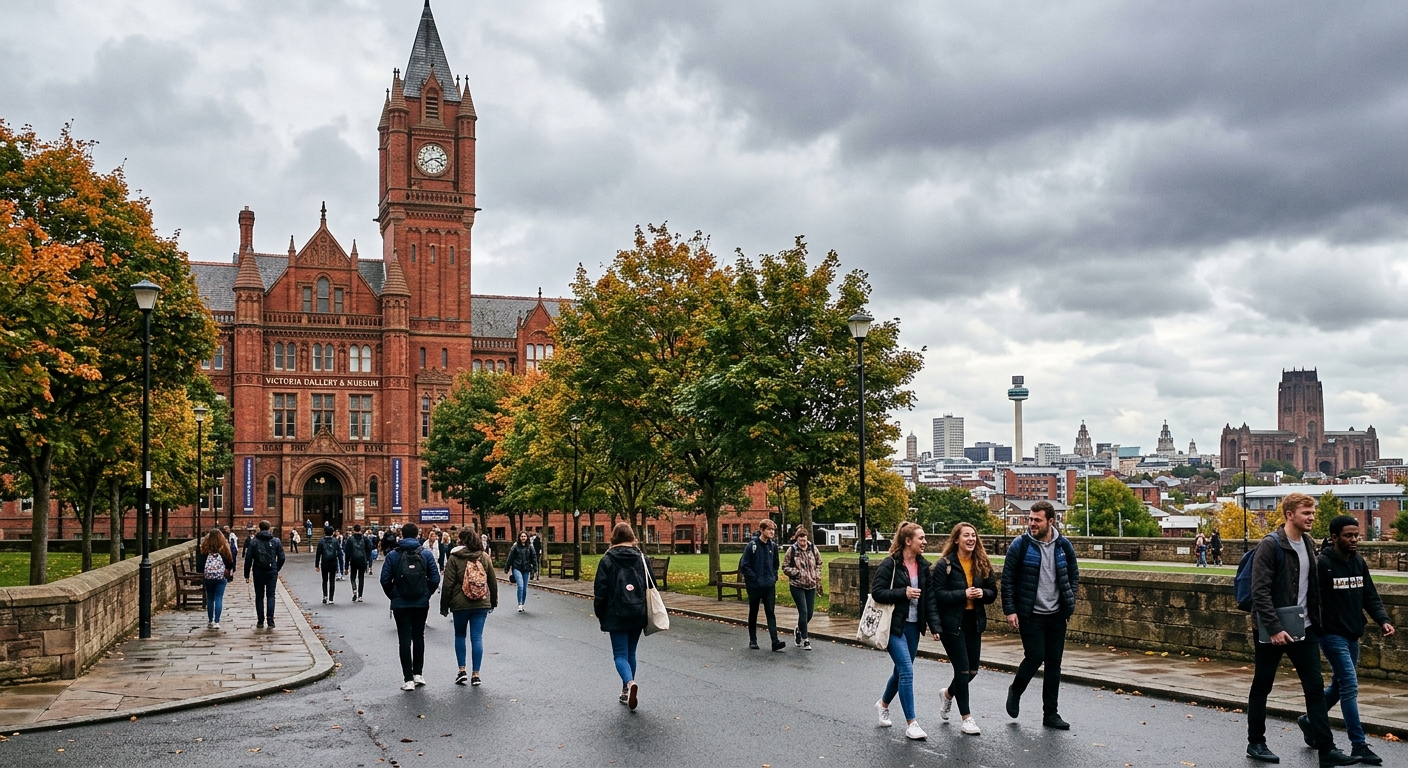 University of Liverpool historic redbrick campus building with Victoria Gallery and Museum, students walking through tree-lined paths, Liverpool cityscape in background, overcast British sky