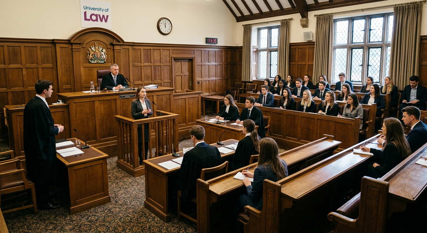 University of Law mock courtroom, professional legal training room with wooden furnishings, judge's bench, witness stand, and student seating area