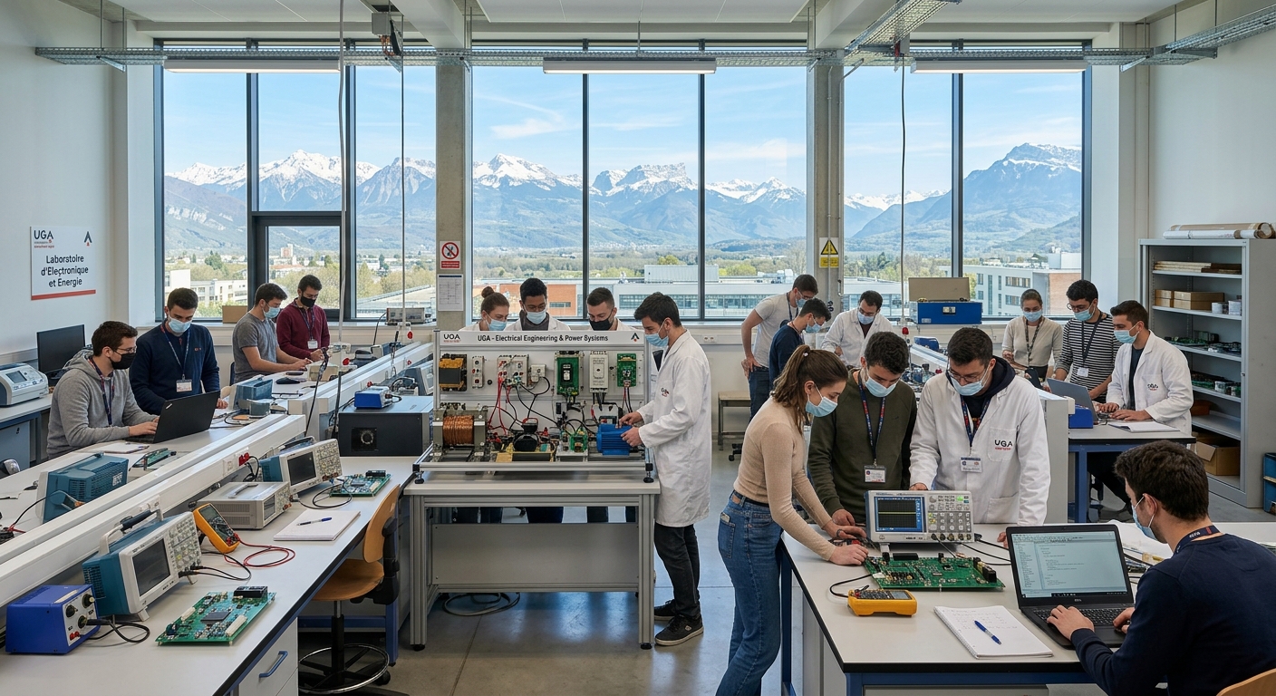 Modern electrical engineering laboratory at Université Grenoble Alpes with students working on circuit boards and power systems equipment, French Alps visible through large windows, bright academic environment