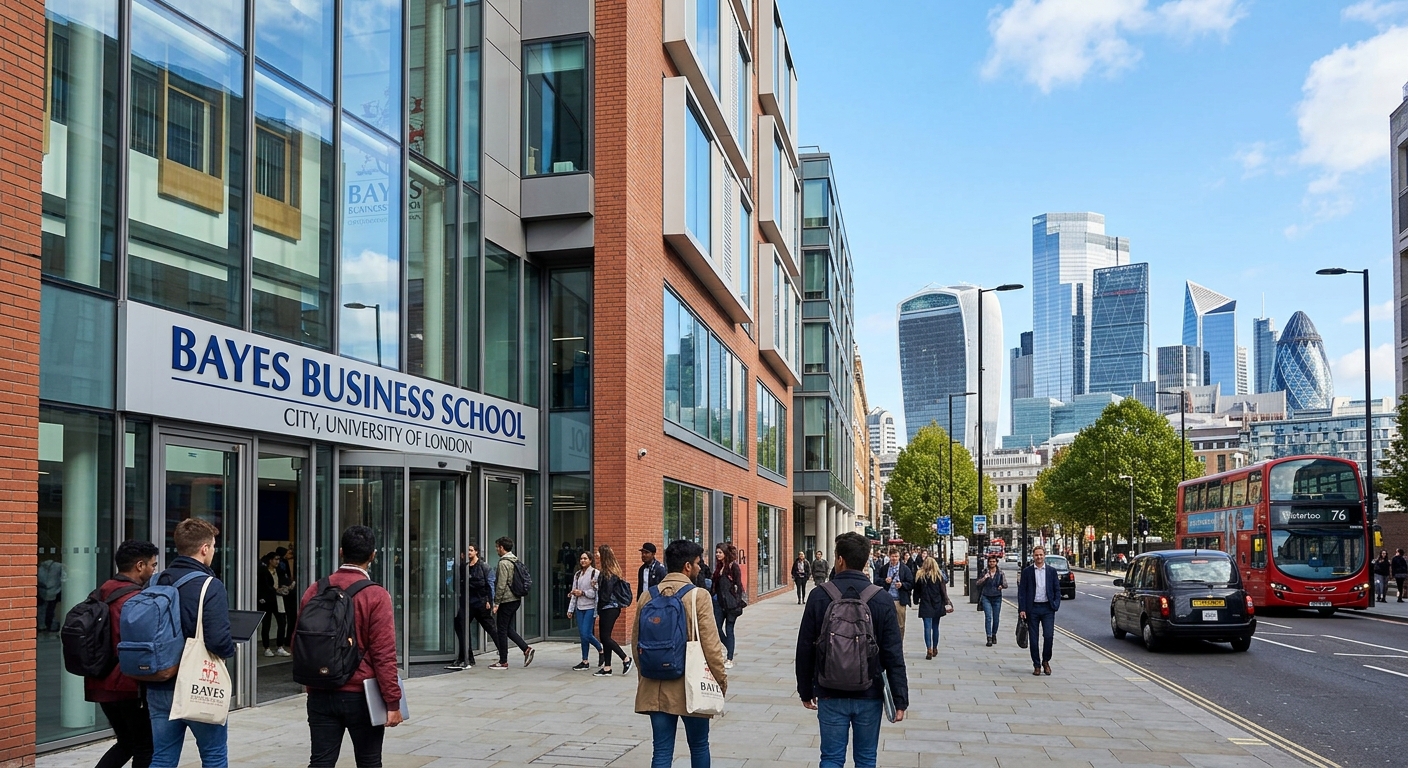 Modern Bayes Business School building exterior on Bunhill Row in London with glass facade, students walking near the entrance, City of London financial district skyline visible in the background, clear sky