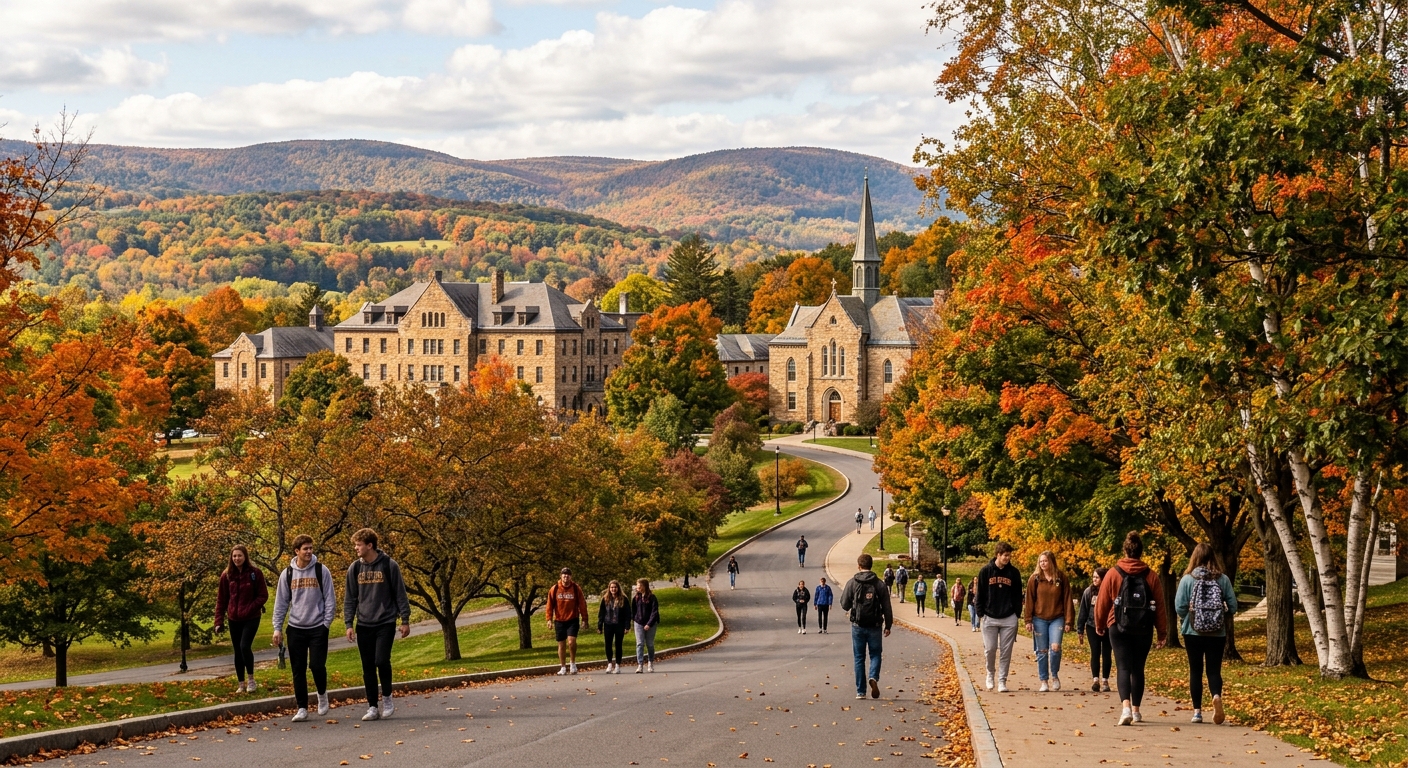 St. Bonaventure University campus in autumn with historic stone buildings surrounded by rolling hills of western New York, students walking on tree-lined pathways, Allegany Mountains in the background