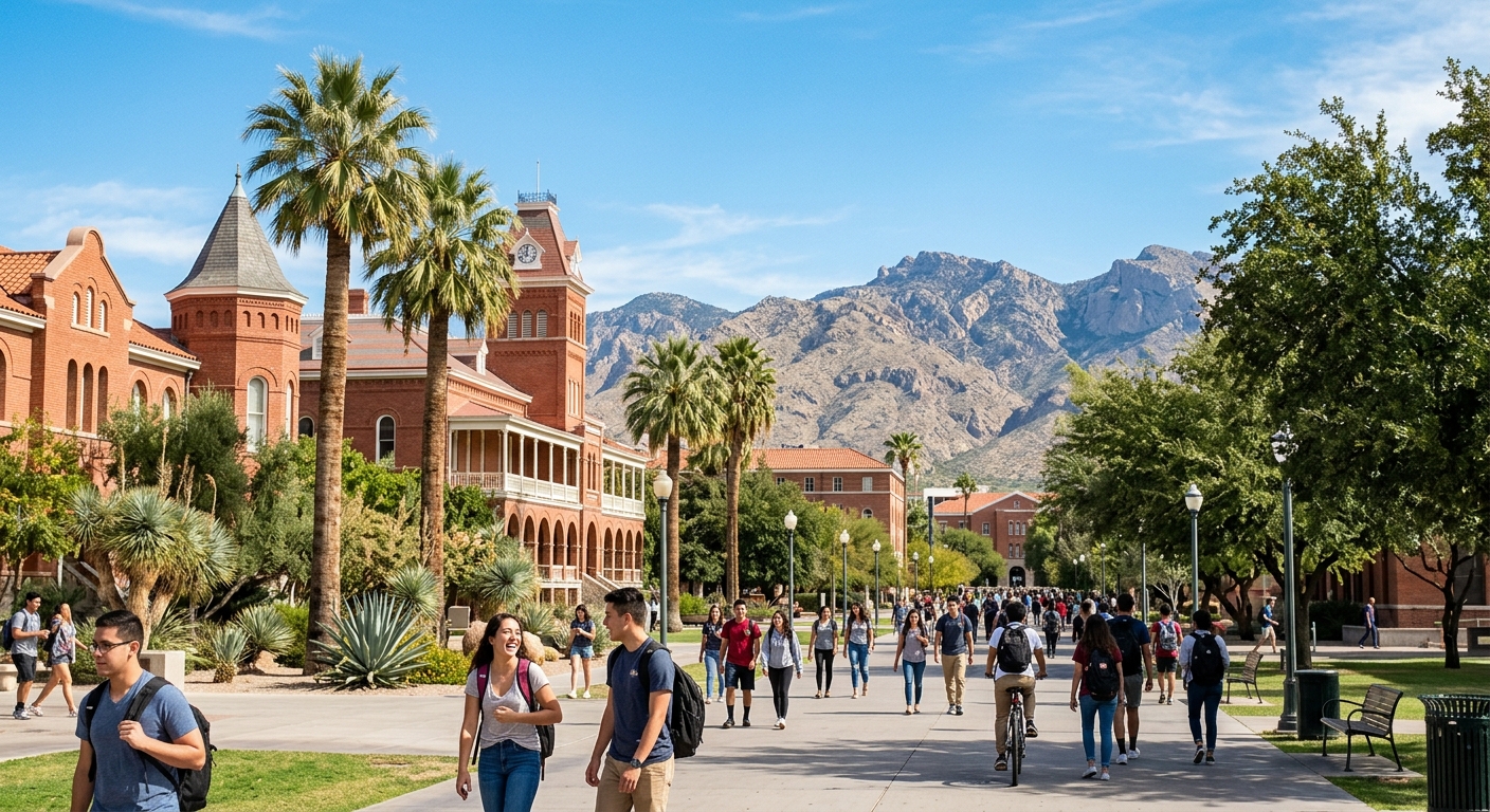University of Arizona campus in Tucson with red brick buildings, palm trees, desert mountain backdrop, students walking along tree-lined pathways under clear blue sky
