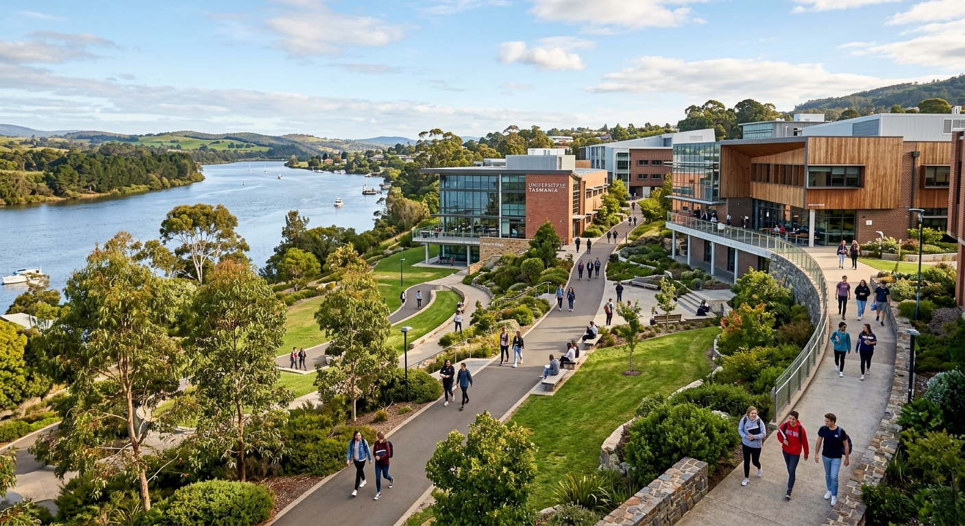 University of Tasmania Launceston Newnham campus, spacious modern buildings overlooking the Tamar River, landscaped grounds, students walking between buildings