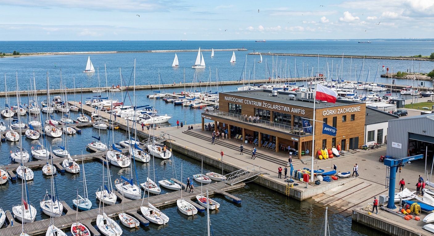 National Sailing Centre in Gorki Zachodnie near Gdansk, marina with sailboats, waterfront training facility, Baltic Sea in background