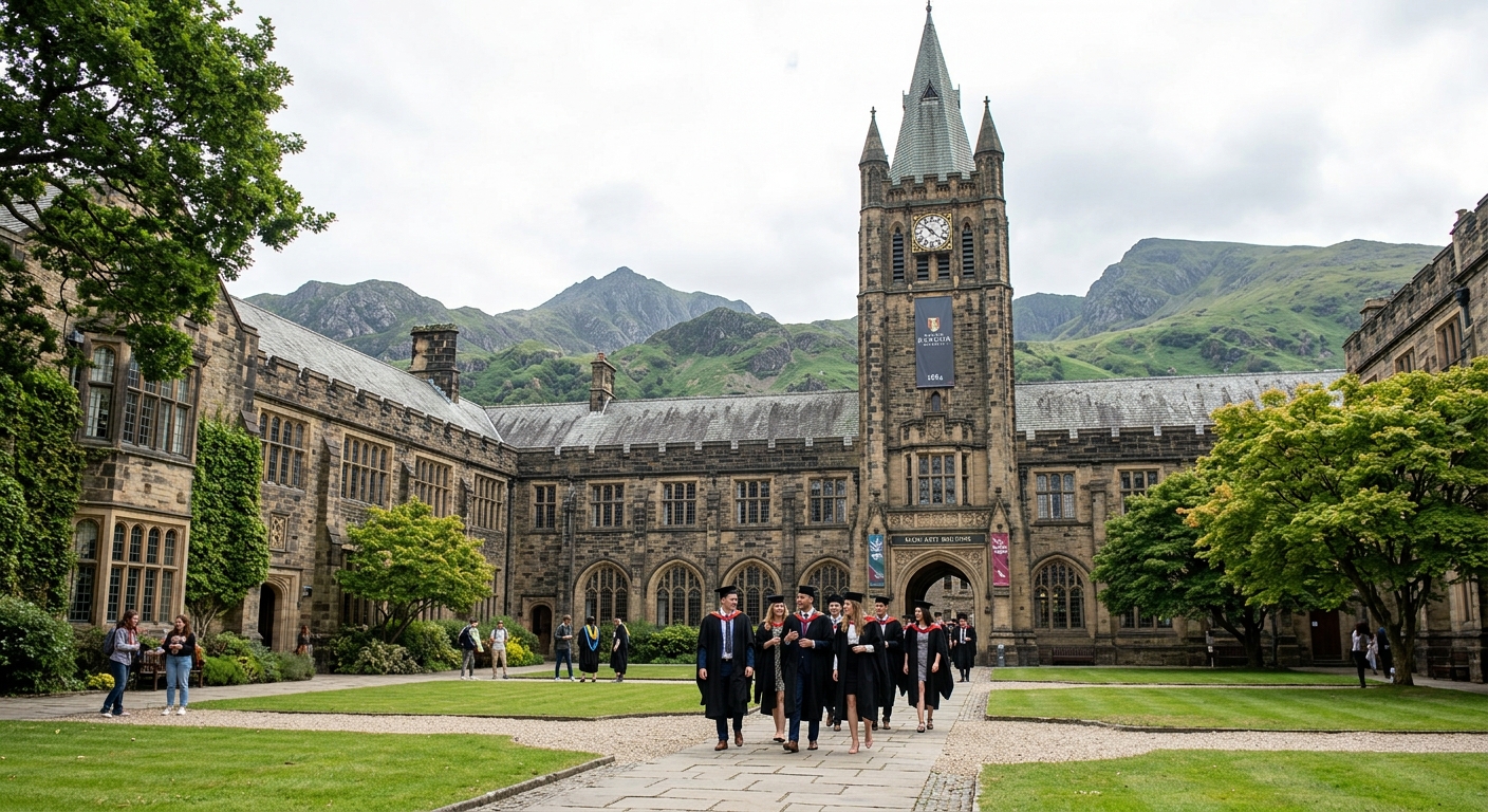 Historic Bangor University Main Arts building with its iconic tower and courtyard, students in academic gowns walking through the entrance, lush green mountains of Snowdonia visible in the background, bright overcast Welsh sky