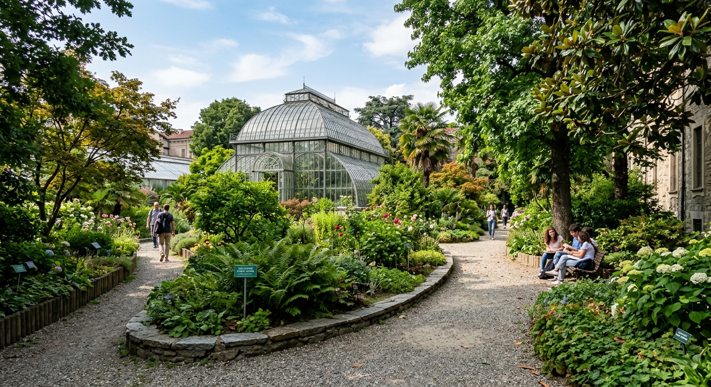 University of Turin Botanical Garden Orto Botanico with lush green plants, historic greenhouse structures, winding paths through diverse plant collections, peaceful academic setting