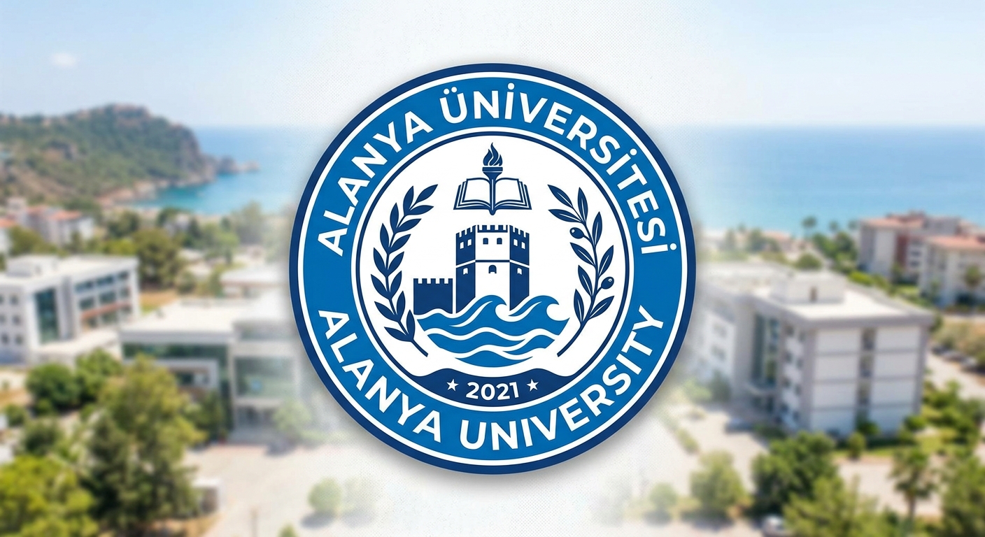 Alanya University official logo, circular emblem with university name in Turkish and English, blue and white color scheme