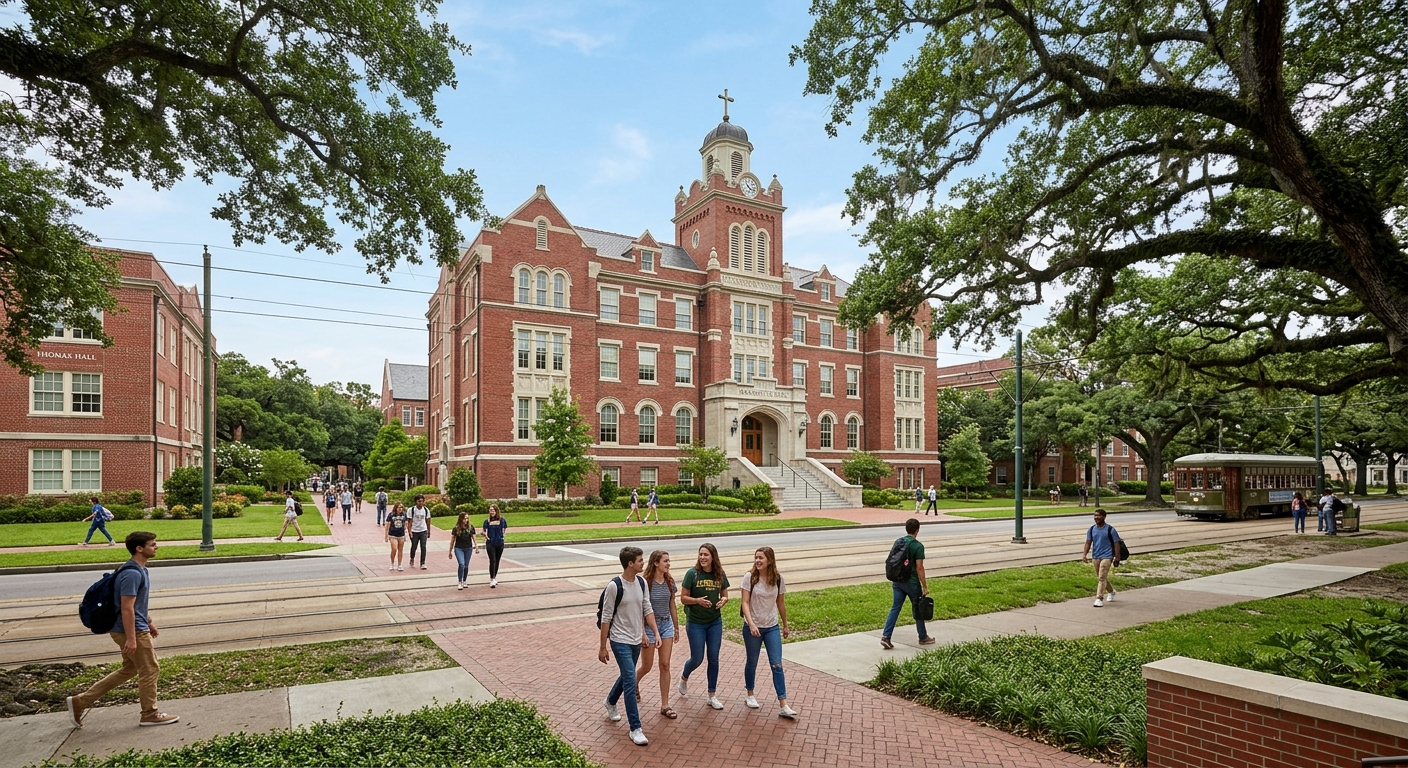 Historic Marquette Hall at Loyola University New Orleans campus along St. Charles Avenue, oak trees lining the walkways, students walking between red-brick collegiate buildings under a clear Louisiana sky